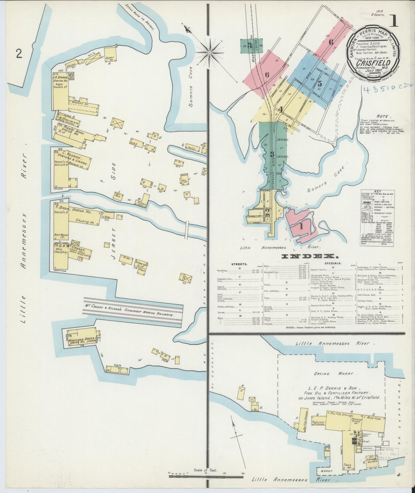 Sanborn Fire Insurance Map from Crisfield, Somerset County, Maryland (1897), Sheet #0001 - Historic Sanborn Fire Insurance Map Print, vintage old map wall art, antique decor, genealogy gift, Maryland Maryland map