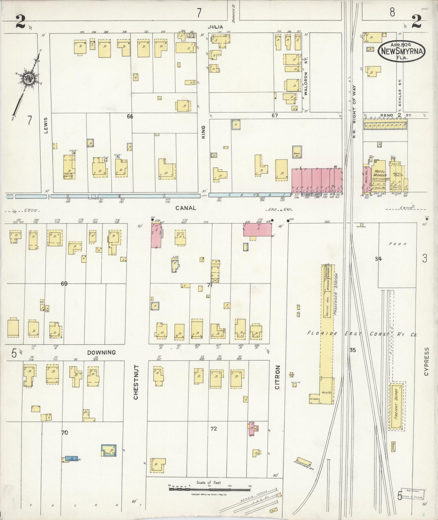 Sanborn Fire Insurance Map from New Smyrna, Valusia County, Florida (1924), Sheet #0002 - Historic Sanborn Fire Insurance Map Print, vintage old map wall art, antique decor, genealogy gift, Florida Florida map