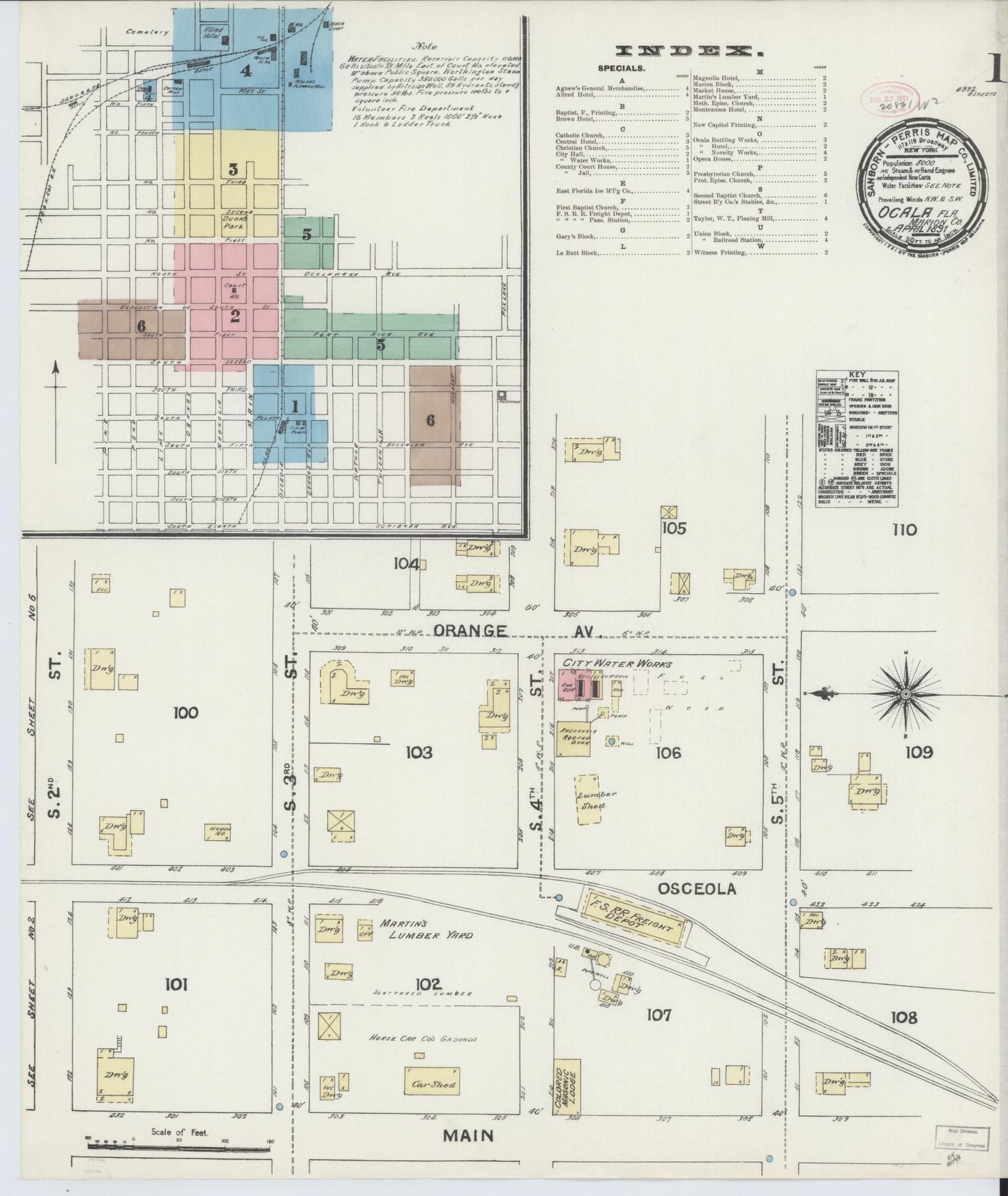 Sanborn Fire Insurance Map from Ocala, Marion County, Florida (1891), Sheet #0001 - Historic Sanborn Fire Insurance Map Print, vintage old map wall art, antique decor, genealogy gift, Florida Florida map