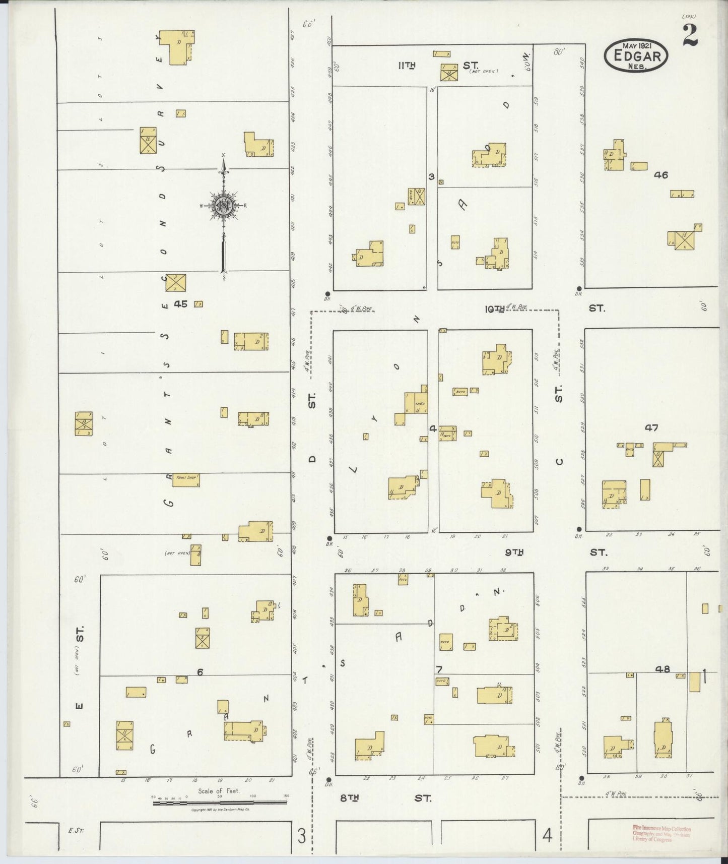 Sanborn Fire Insurance Map from Edgar, Clay County, Nebraska (1921), Sheet #0002 - Historic Sanborn Fire Insurance Map Print, vintage old map wall art, antique decor, genealogy gift, Nebraska Nebraska map