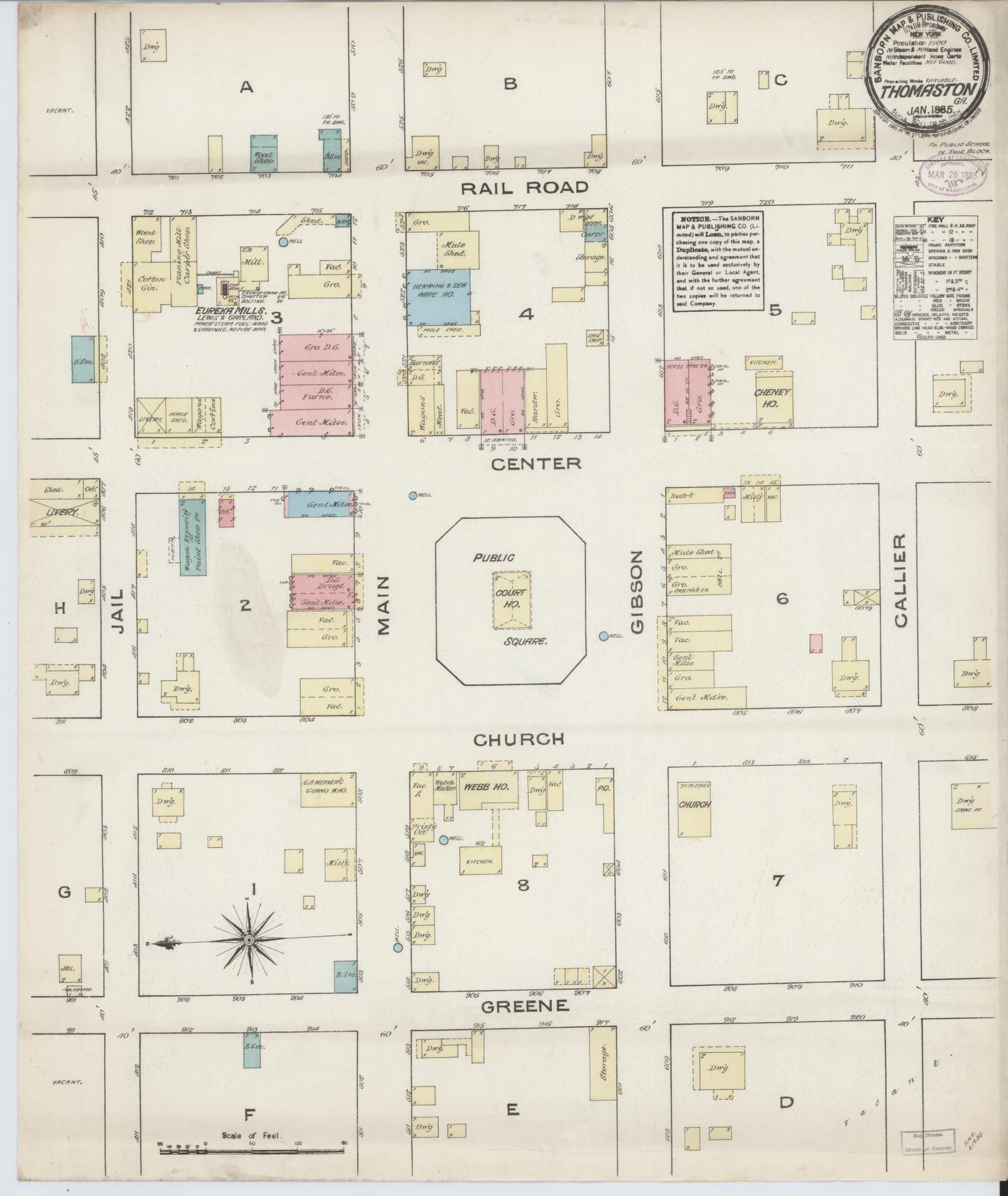 Sanborn Fire Insurance Map from Thomaston, Upson County, Georgia (1885), Sheet #0001 - Historic Sanborn Fire Insurance Map Print, vintage old map wall art, antique decor, genealogy gift, Georgia Georgia map