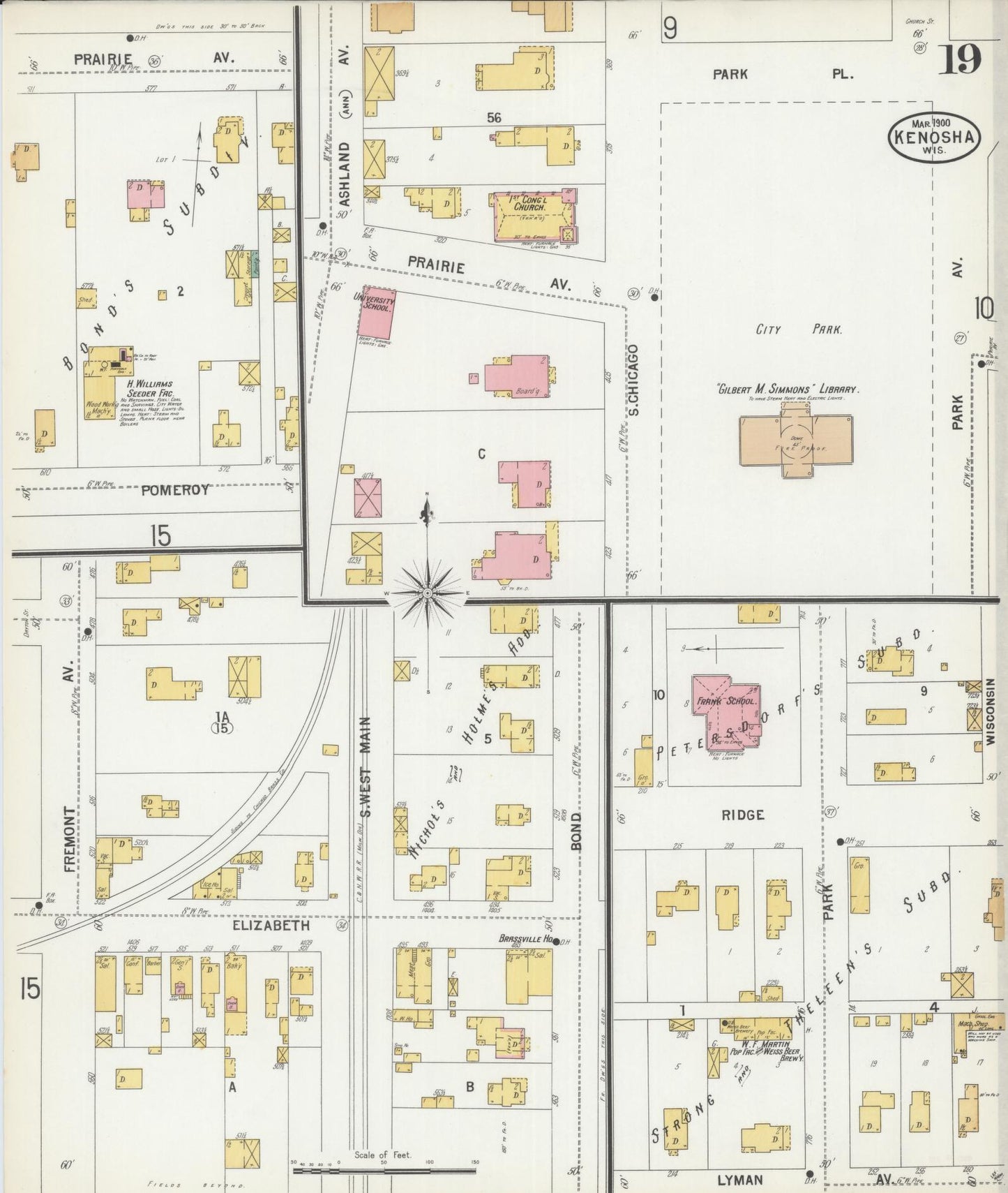 Sanborn Fire Insurance Map from Kenosha, Kenosha County, Wisconsin (1900), Sheet #0019 - Historic Sanborn Fire Insurance Map Print, vintage old map wall art, antique decor, genealogy gift, Wisconsin Wisconsin map