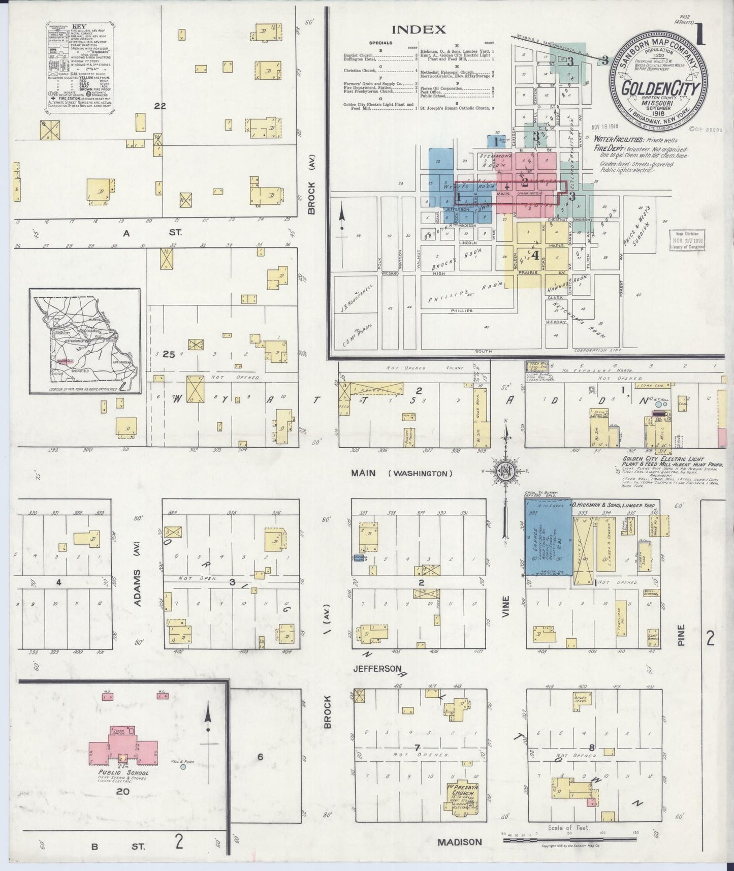 Sanborn Fire Insurance Map from Golden City, Barton County, Missouri (1918), Sheet #0001 - Historic Sanborn Fire Insurance Map Print, vintage old map wall art, antique decor, genealogy gift, Missouri Missouri map