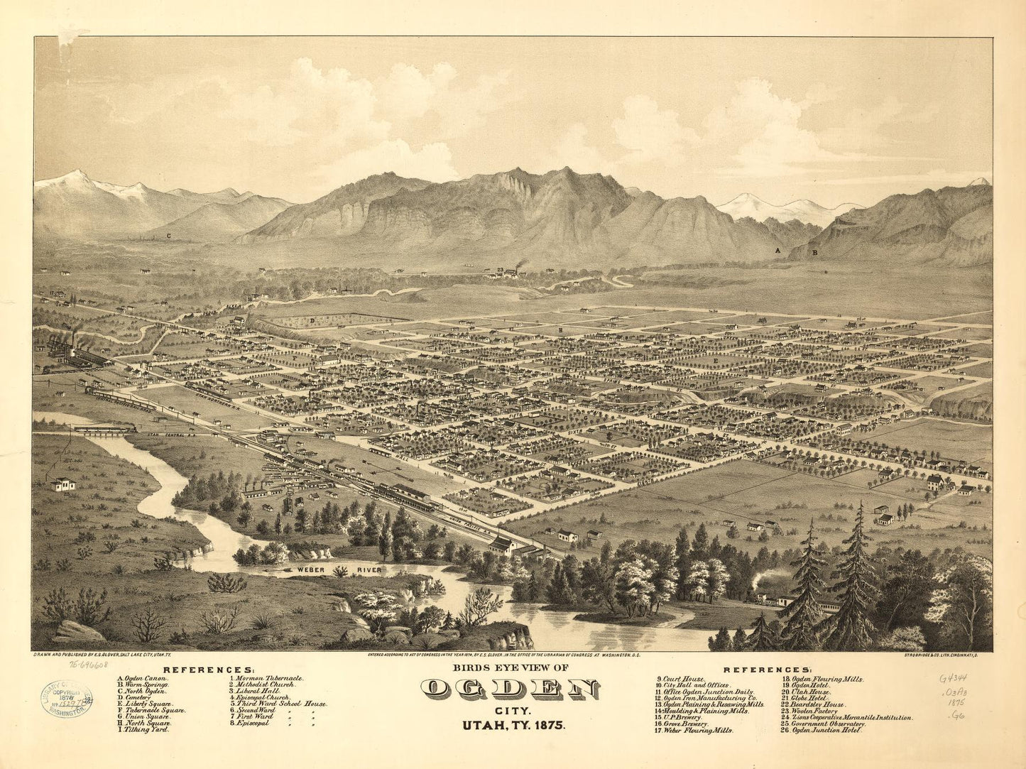 Birds eye view of Ogden City, Utah, Ty. 1875. (1875) – Historic Bird’s-Eye View Panorama Print