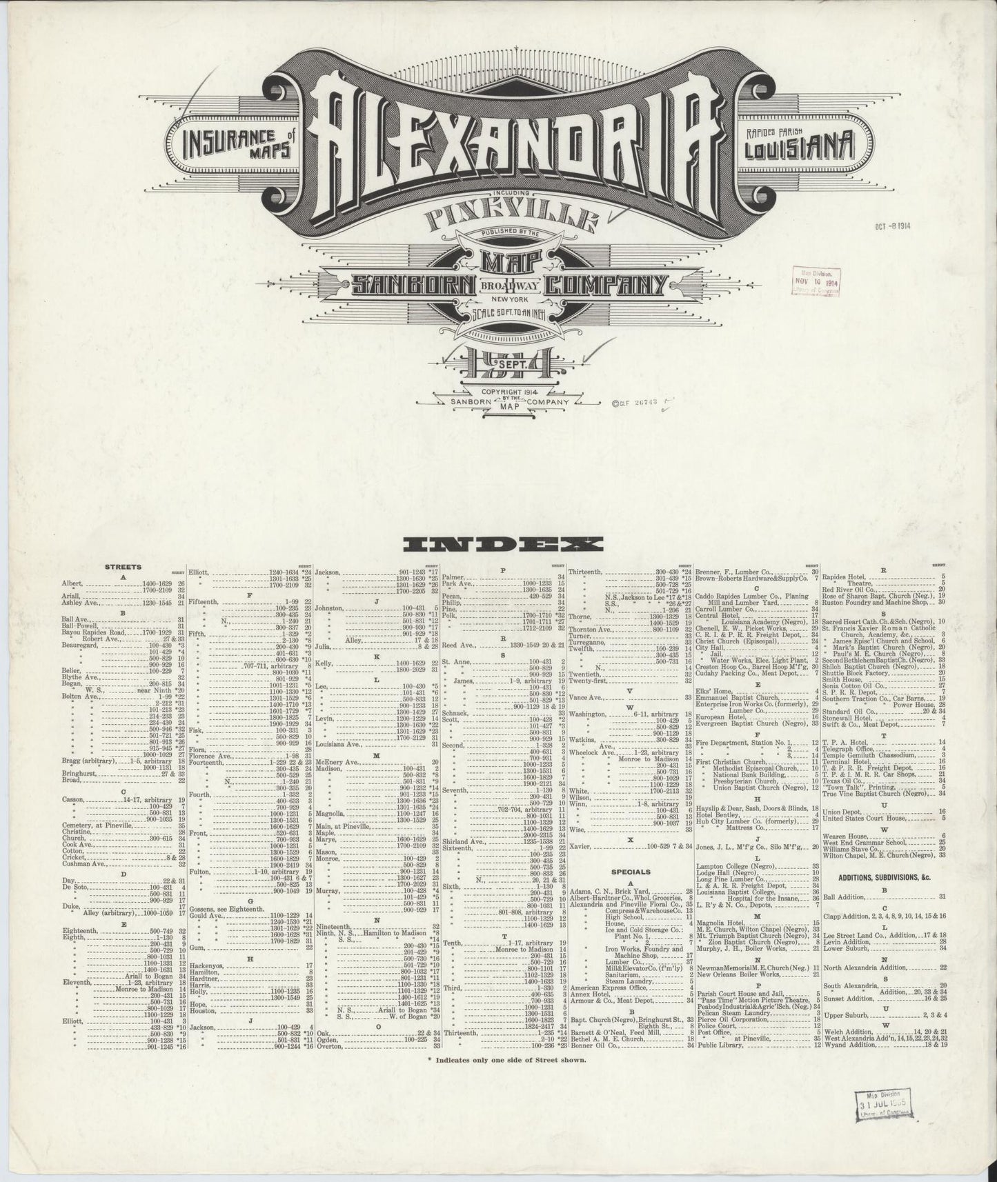 Sanborn Fire Insurance Map from Alexandria, Rapides Parish, Louisiana (1914), Sheet #0001 - Historic Sanborn Fire Insurance Map Print, vintage old map wall art, antique decor, genealogy gift, Louisiana Louisiana map