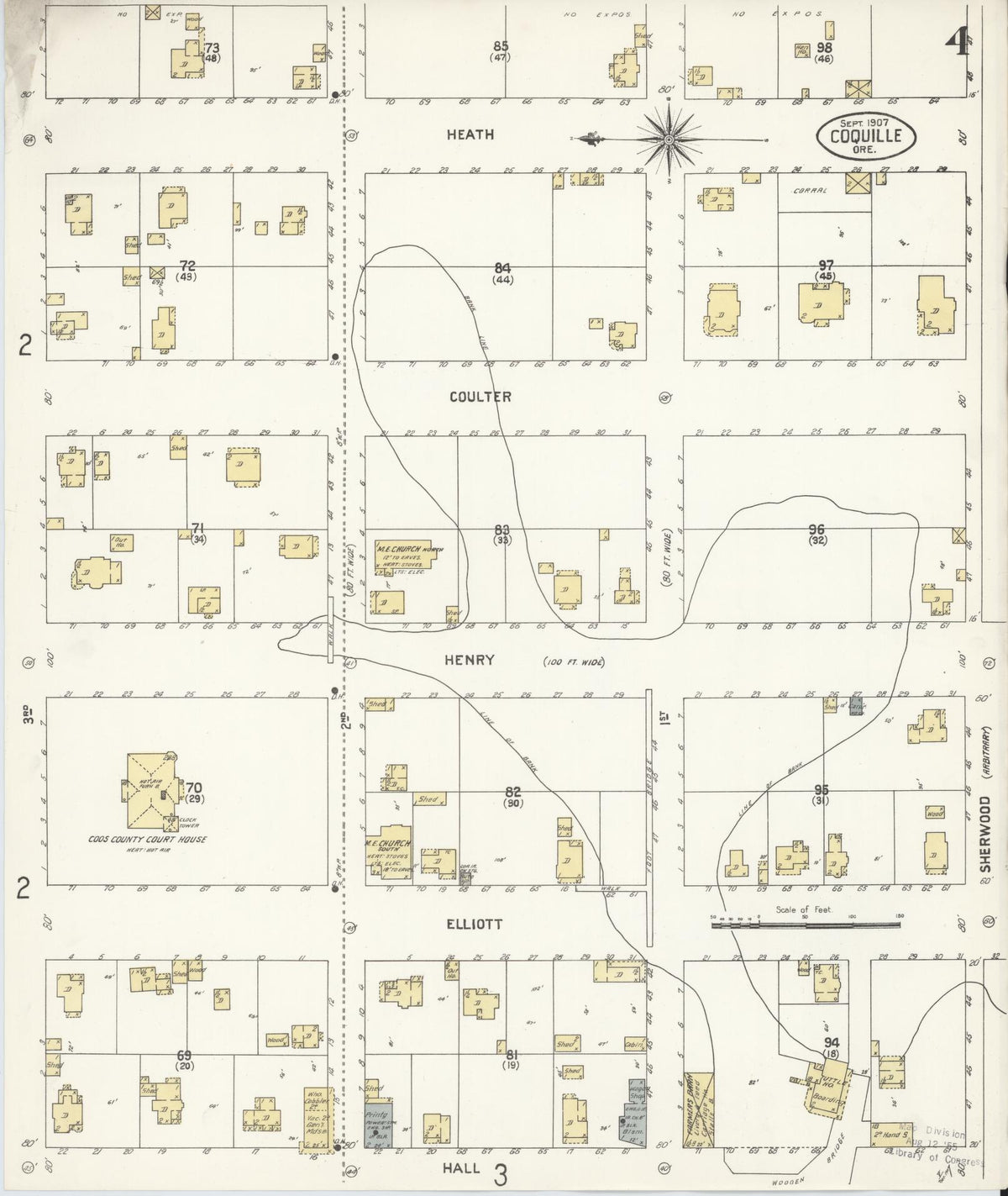 Sanborn Fire Insurance Map from Coquille, Coos County, Oregon (1907), Sheet #0004 - Historic Sanborn Fire Insurance Map Print, vintage old map wall art, antique decor, genealogy gift, Oregon Oregon map