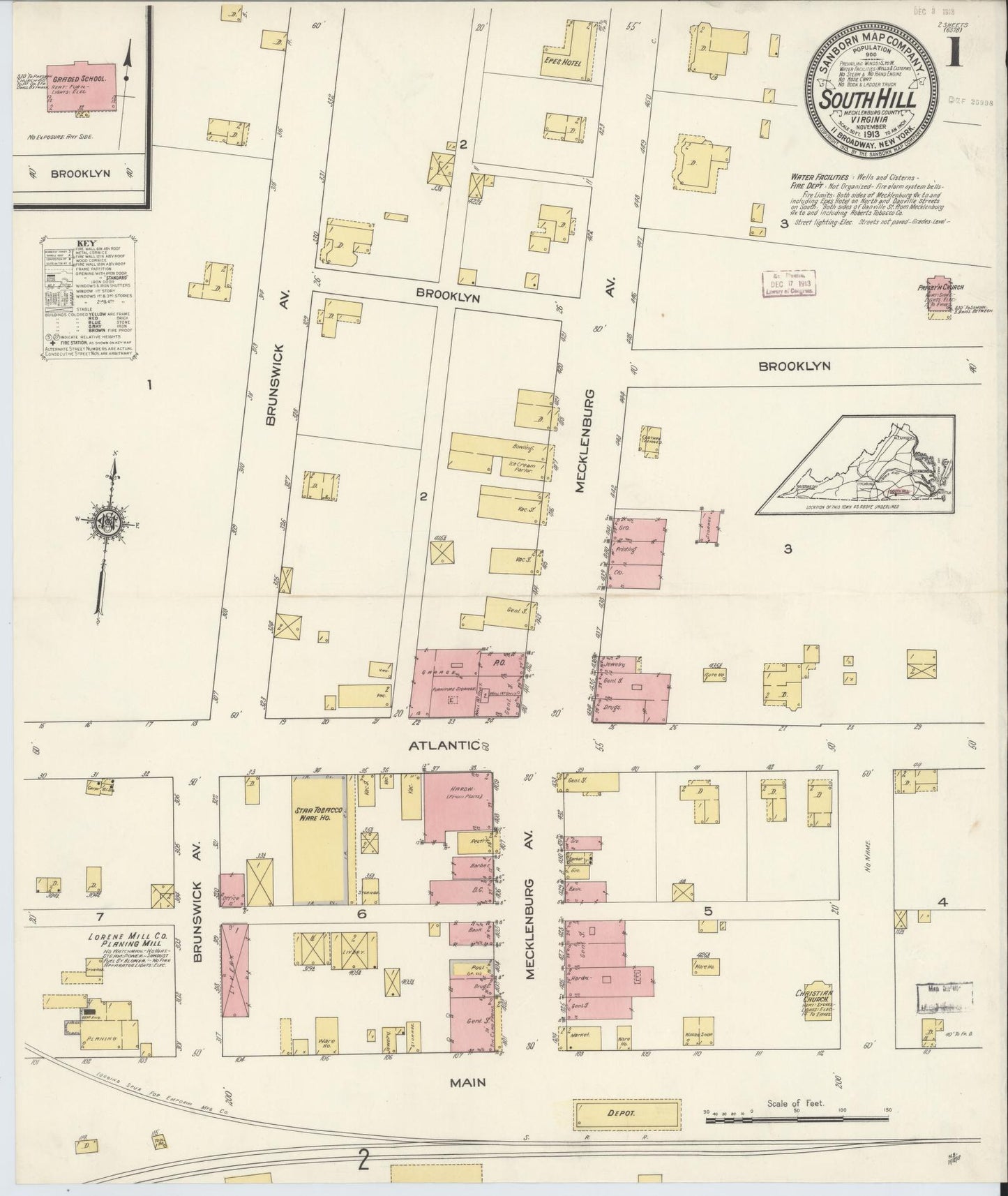 Sanborn Fire Insurance Map from South Hill, Mecklenburg County, Virginia. (1913) – Historic Sanborn Fire Insurance Map Print