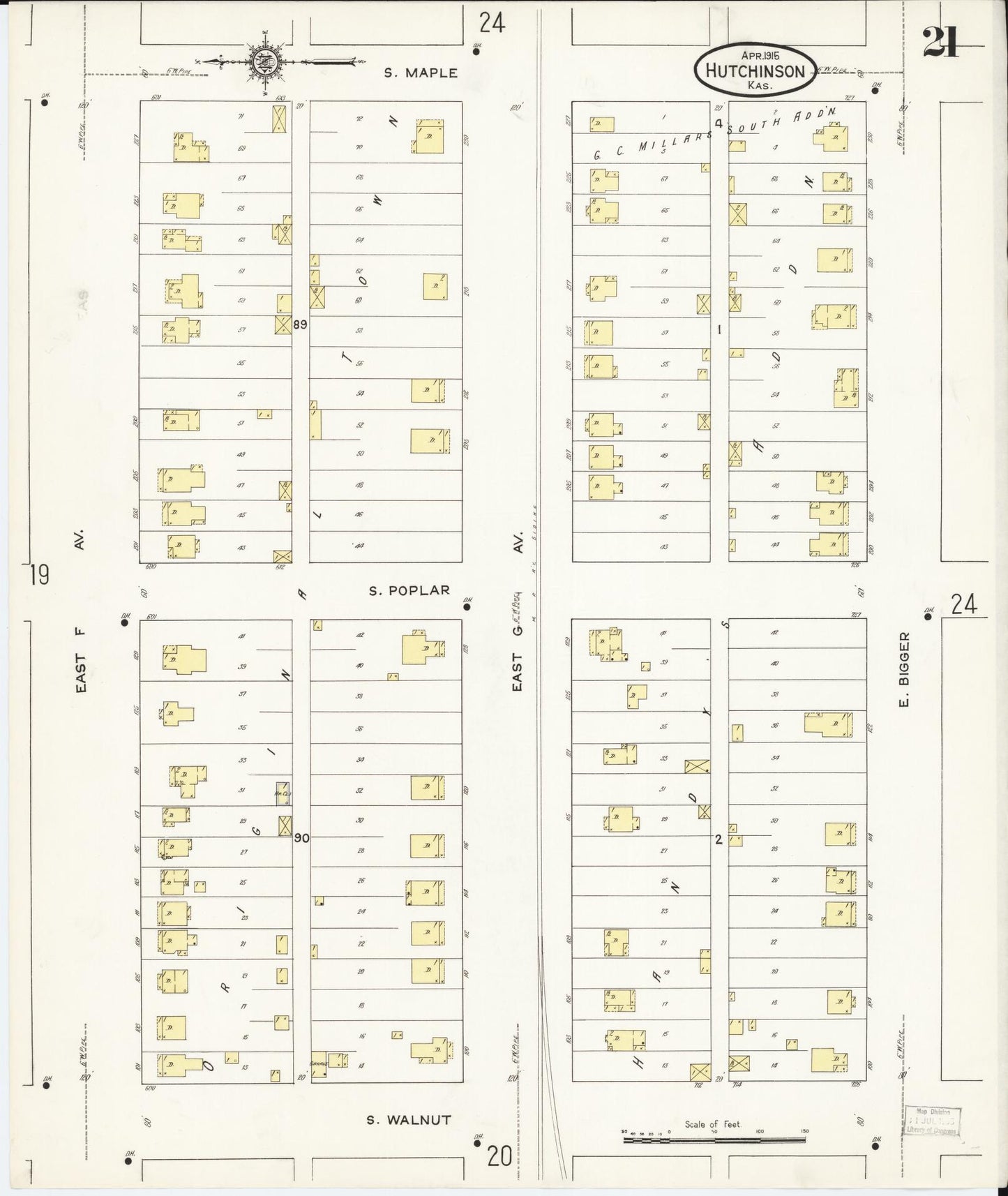 Sanborn Fire Insurance Map from Hutchinson, Reno County, Kansas (1915), Sheet #0022 - Historic Sanborn Fire Insurance Map Print, vintage old map wall art, antique decor, genealogy gift, Kansas Kansas map