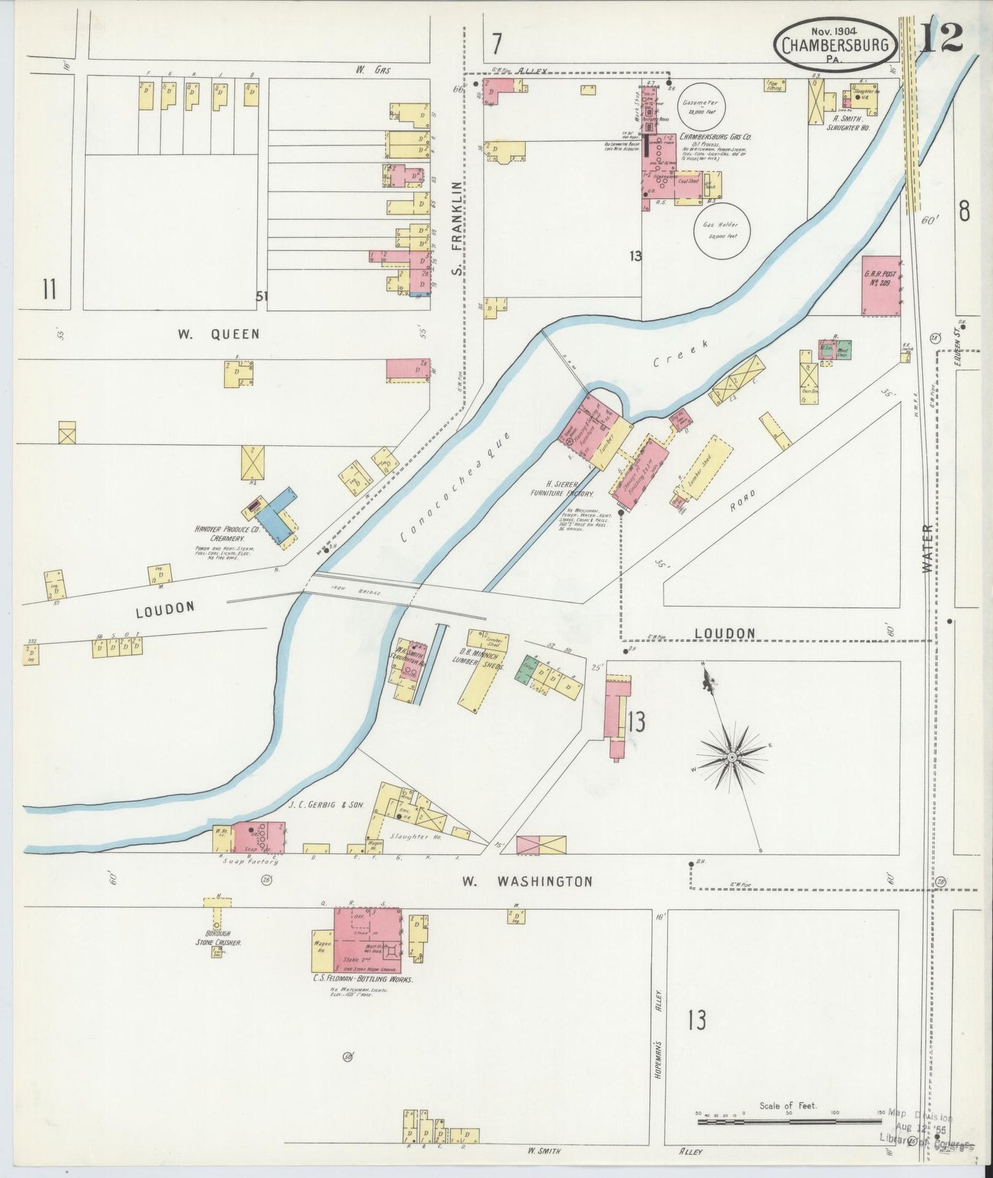 Sanborn Fire Insurance Map from Chambersburg, Franklin County, Pennsylvania (1904), Sheet #0012 - Historic Sanborn Fire Insurance Map Print, vintage old map wall art, antique decor, genealogy gift, Pennsylvania Pennsylvania map