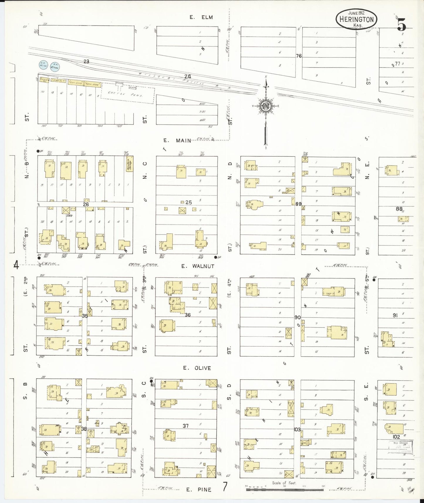 Sanborn Fire Insurance Map from Herington, Dickinson County, Kansas (1912), Sheet #0005 - Historic Sanborn Fire Insurance Map Print, vintage old map wall art, antique decor, genealogy gift, Kansas Kansas map