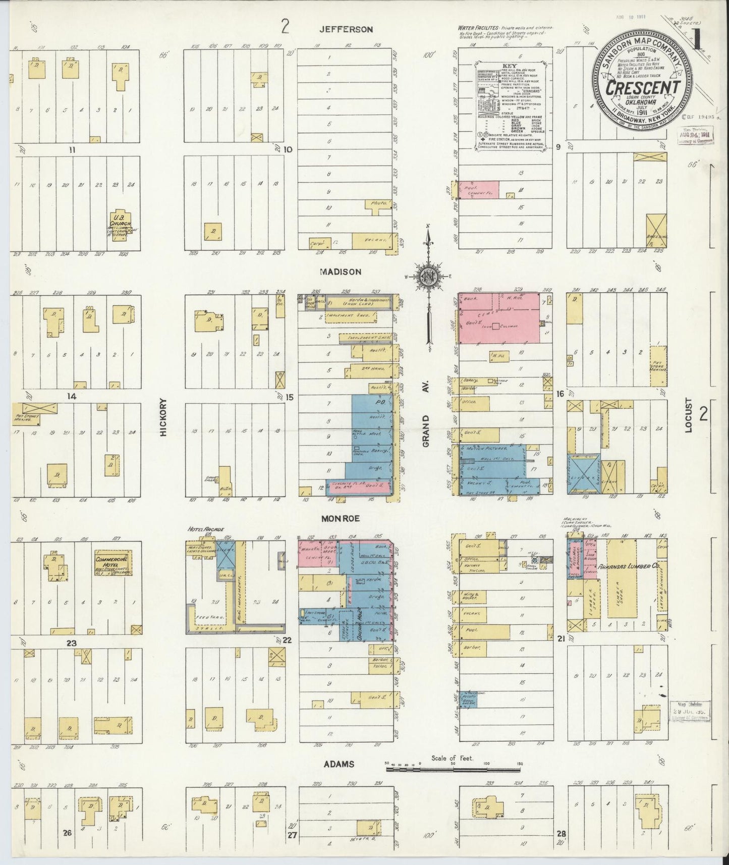 Sanborn Fire Insurance Map from Crescent, Logan County, Oklahoma (1911), Sheet #0001 - Historic Sanborn Fire Insurance Map Print, vintage old map wall art, antique decor, genealogy gift, Oklahoma Oklahoma map