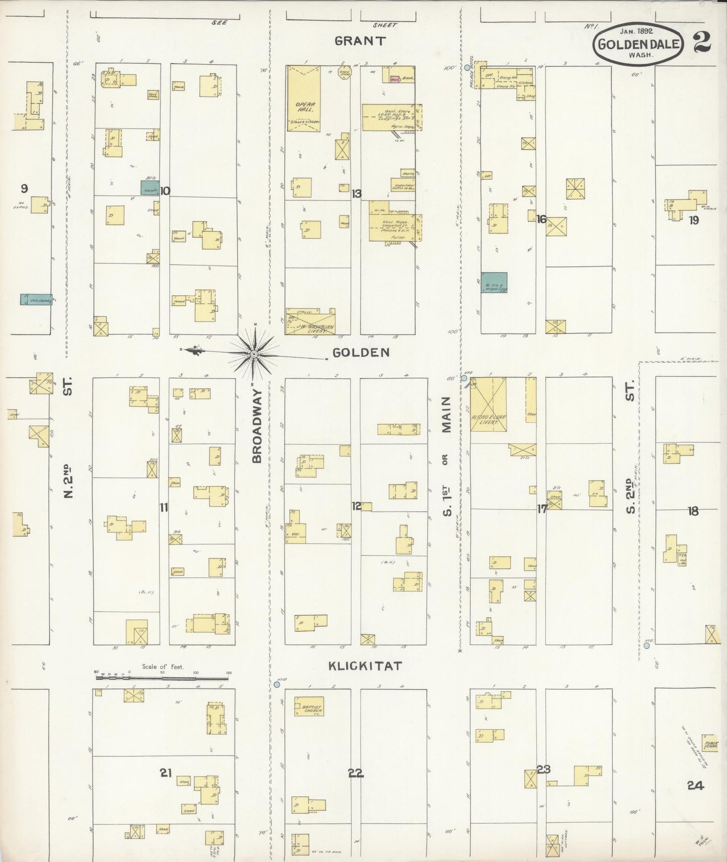 Sanborn Fire Insurance Map from Goldendale, Klickitat County, Washington (1892), Sheet #0002 - Complete Map Set gallery image, historic Sanborn map, vintage wall art, Washington Washington