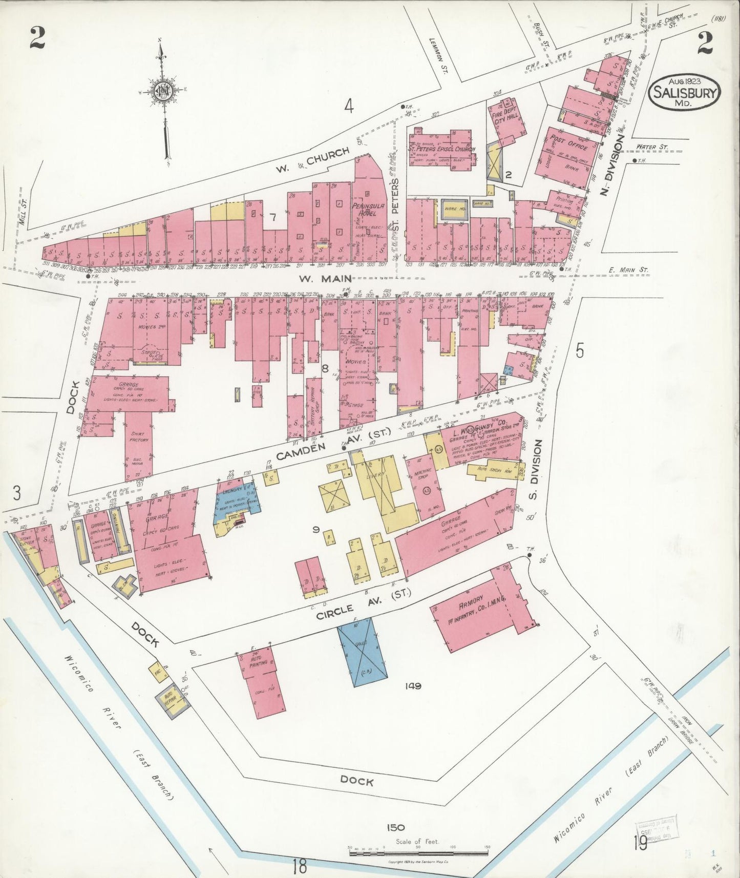 Sanborn Fire Insurance Map from Salisbury, Wicomico County, Maryland (1923), Sheet #0002 - Historic Sanborn Fire Insurance Map Print, vintage old map wall art