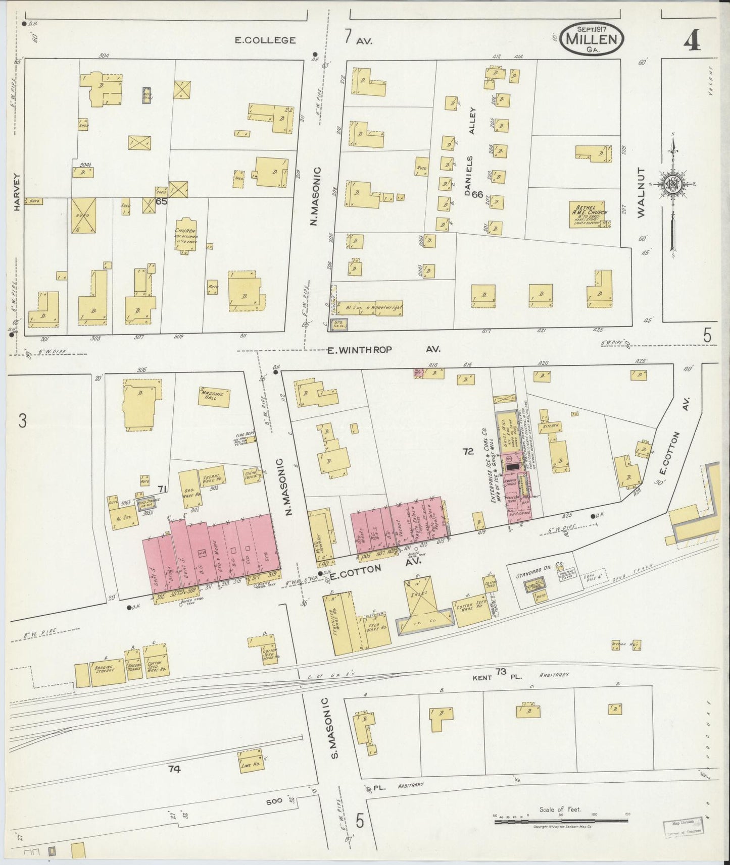 Sanborn Fire Insurance Map from Millen, Jenkins County, Georgia (1917), Sheet #0004 - Historic Sanborn Fire Insurance Map Print, vintage old map wall art, antique decor, genealogy gift, Georgia Georgia map