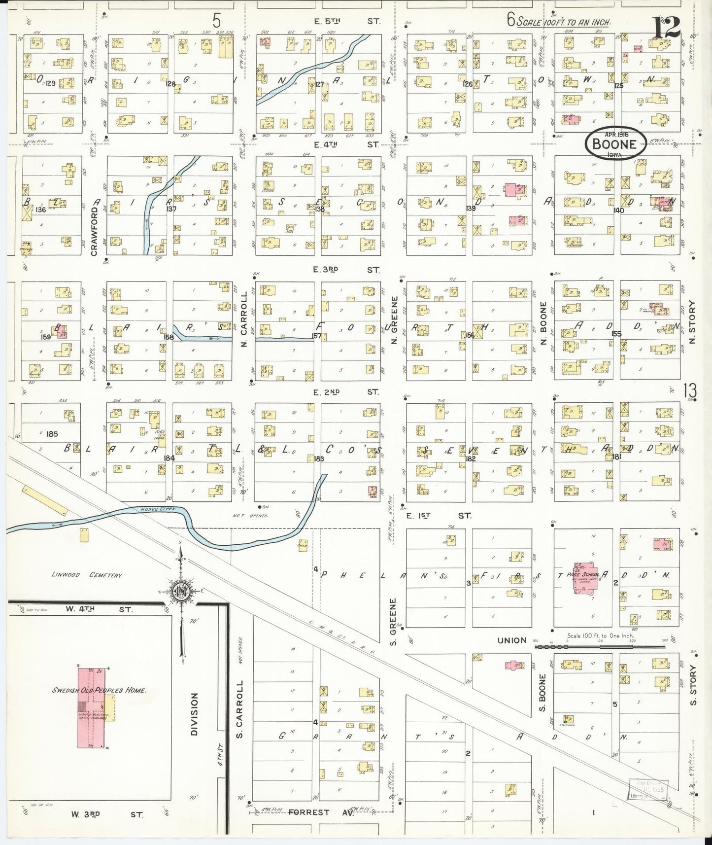 Sanborn Fire Insurance Map from Boone, Boone County, Iowa (1916), Sheet #0012 - Historic Sanborn Fire Insurance Map Print, vintage old map wall art