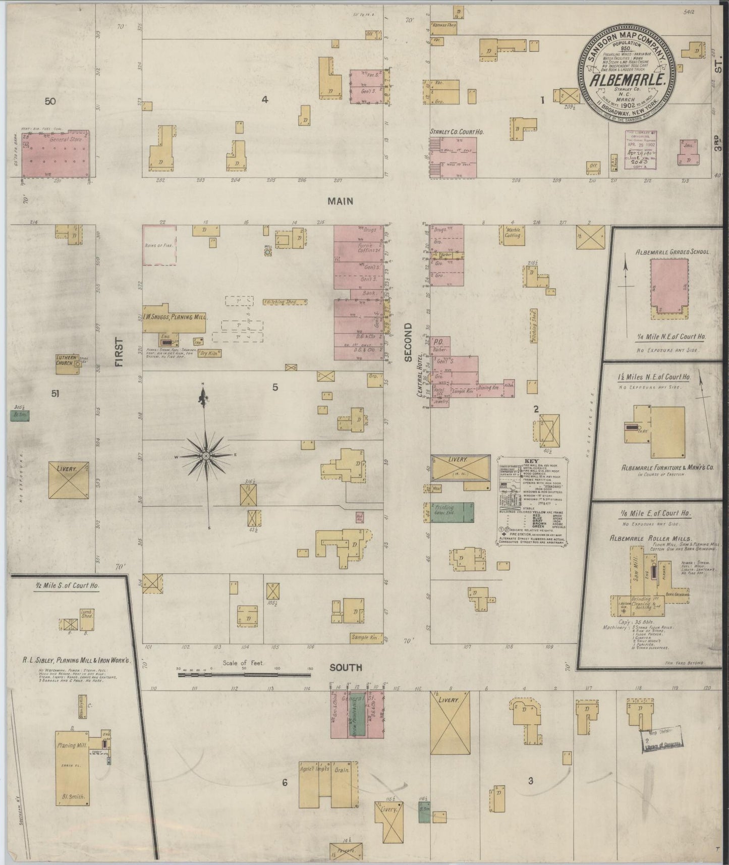 Sanborn Fire Insurance Map from Albemarle, Stanley County, North Carolina (1902), Sheet #0001 - Historic Sanborn Fire Insurance Map Print, vintage old map wall art, antique decor, genealogy gift, North Carolina North Carolina map