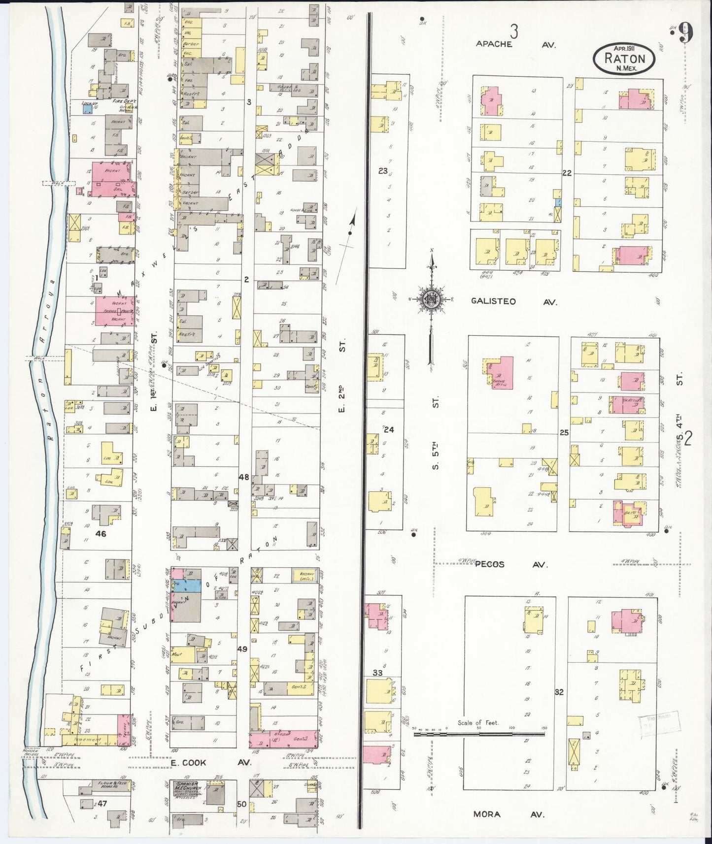 Sanborn Fire Insurance Map from Raton, Colfax County, New Mexico (1911), Sheet #0009 - Historic Sanborn Fire Insurance Map Print, vintage old map wall art, antique decor, genealogy gift, New Mexico New Mexico map