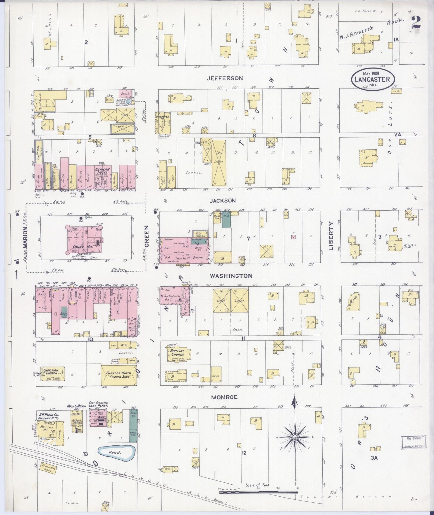Sanborn Fire Insurance Map from Lancaster, Schuyler County, Missouri (1909), Sheet #0002 - Historic Sanborn Fire Insurance Map Print, vintage old map wall art, antique decor, genealogy gift, Missouri Missouri map