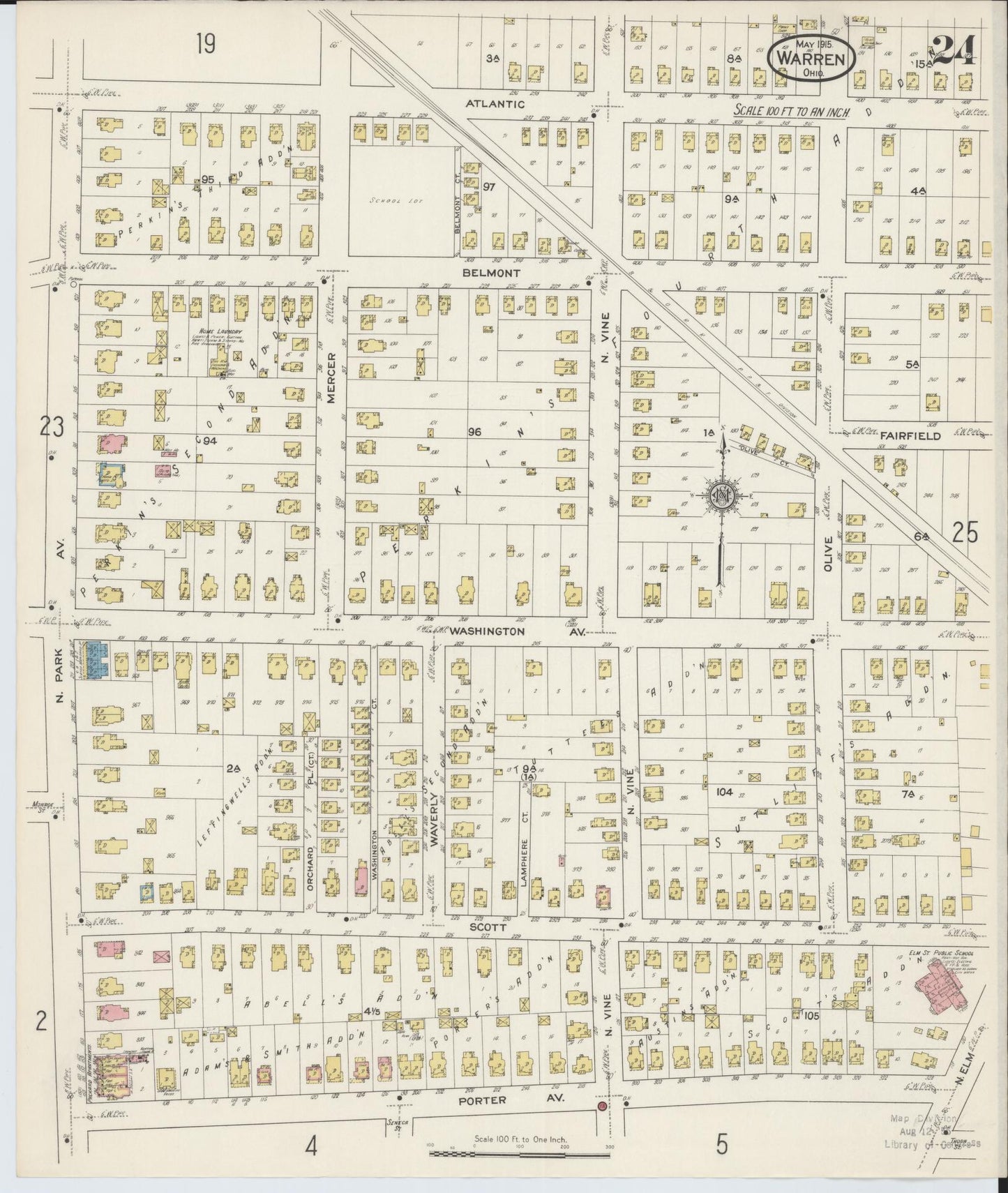 Sanborn Fire Insurance Map from Warren, Trumbull County, Ohio (1915), Sheet #0024 - Historic Sanborn Fire Insurance Map Print, vintage old map wall art, antique decor, genealogy gift, Ohio Ohio map