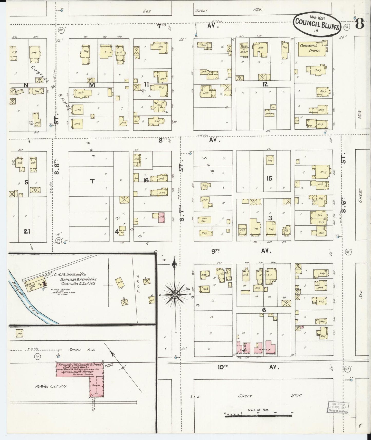 Sanborn Fire Insurance Map from Council Bluffs, Pottawattamie County, Iowa (1891), Sheet #0008 - Historic Sanborn Fire Insurance Map Print, vintage old map wall art