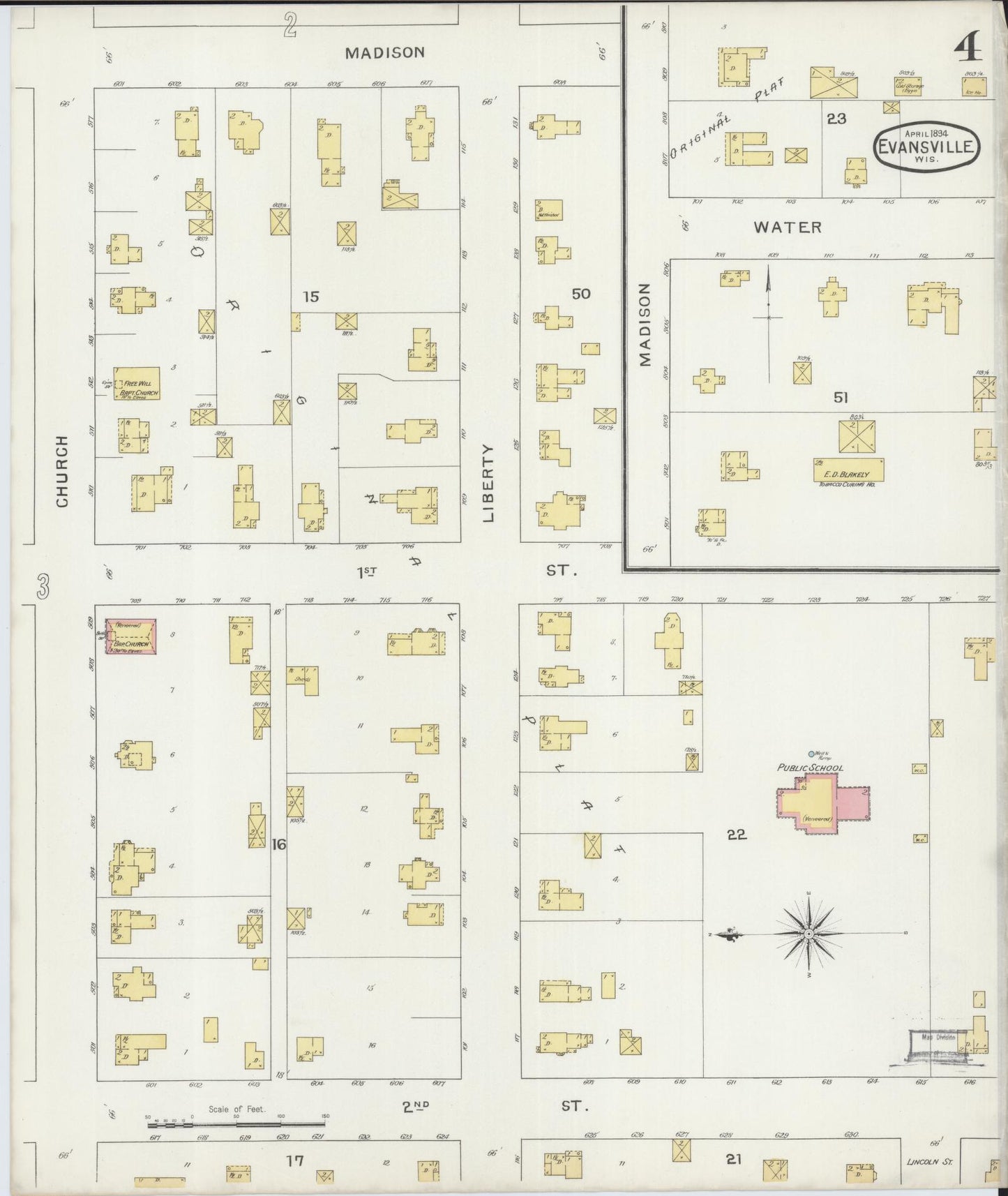 Sanborn Fire Insurance Map from Evansville, Rock County, Wisconsin (1894), Sheet #0004 - Historic Sanborn Fire Insurance Map Print, vintage old map wall art, antique decor, genealogy gift, Wisconsin Wisconsin map