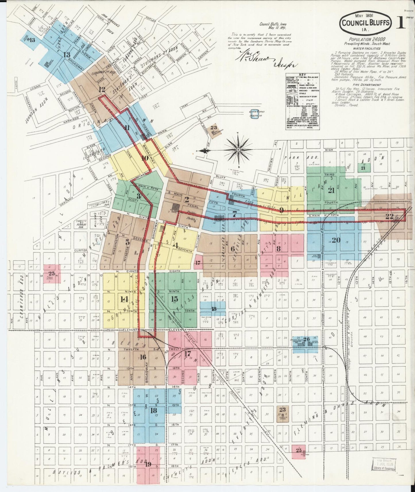 Sanborn Fire Insurance Map from Council Bluffs, Pottawattamie County, Iowa (1891), Sheet #0001 - Historic Sanborn Fire Insurance Map Print, vintage old map wall art
