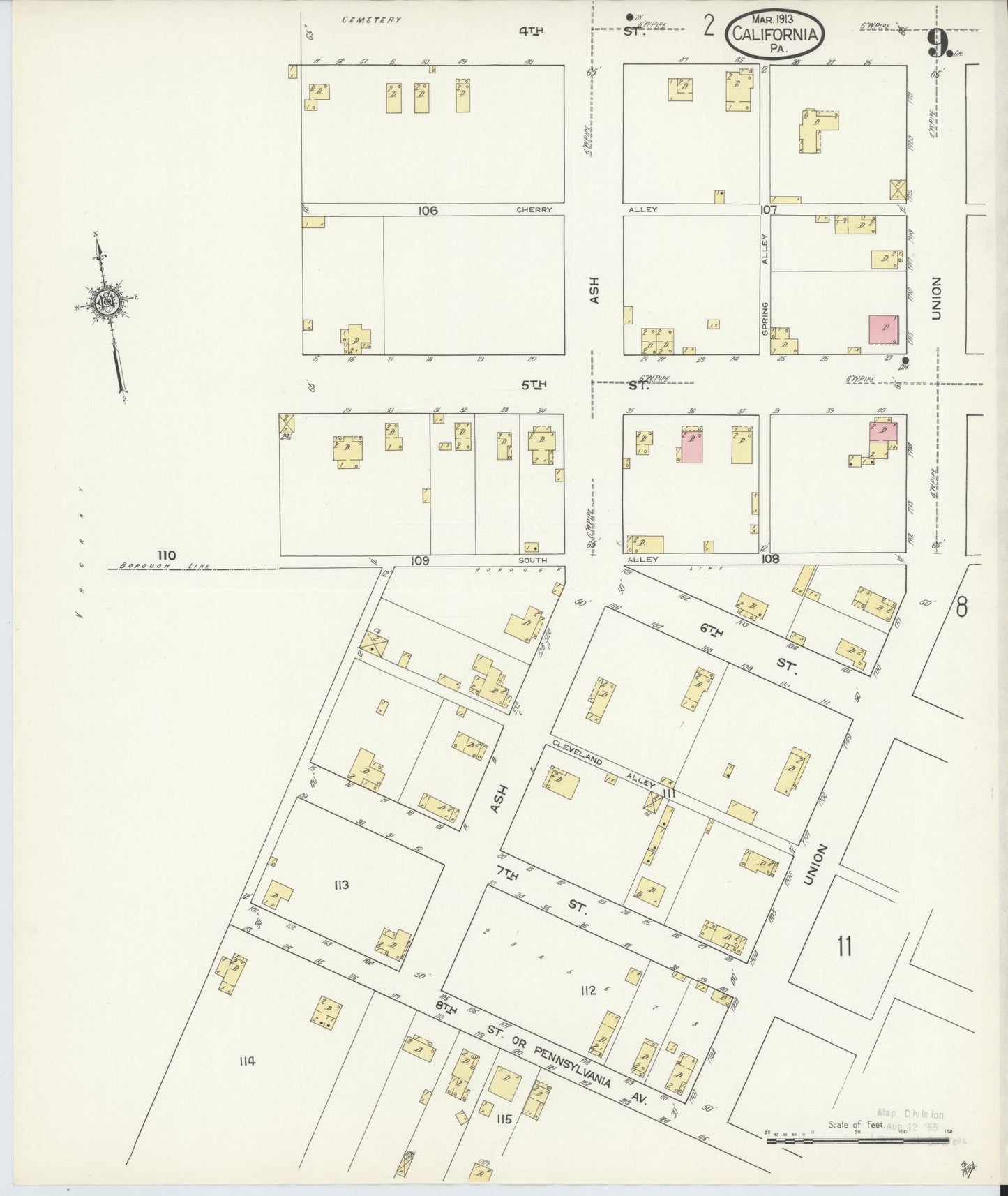 Sanborn Fire Insurance Map from California, Washington County, Pennsylvania (1913), Sheet #0009 - Historic Sanborn Fire Insurance Map Print, vintage old map wall art, antique decor, genealogy gift, Pennsylvania Pennsylvania map