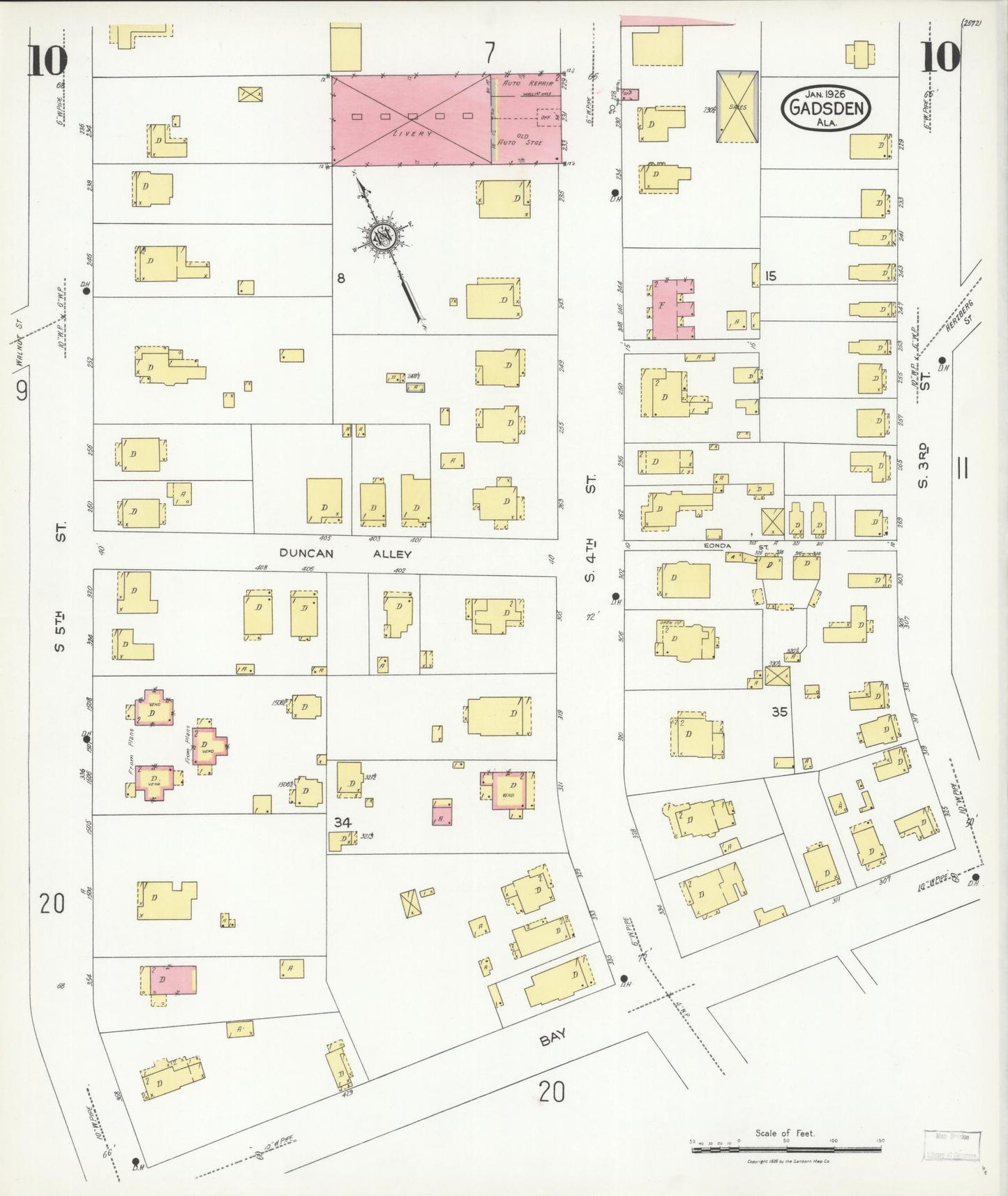 Sanborn Fire Insurance Map from Gadsden, Etowah County, Alabama (1926), Sheet #0010 - Historic Sanborn Fire Insurance Map Print, vintage old map wall art, antique decor, genealogy gift, Alabama Alabama map
