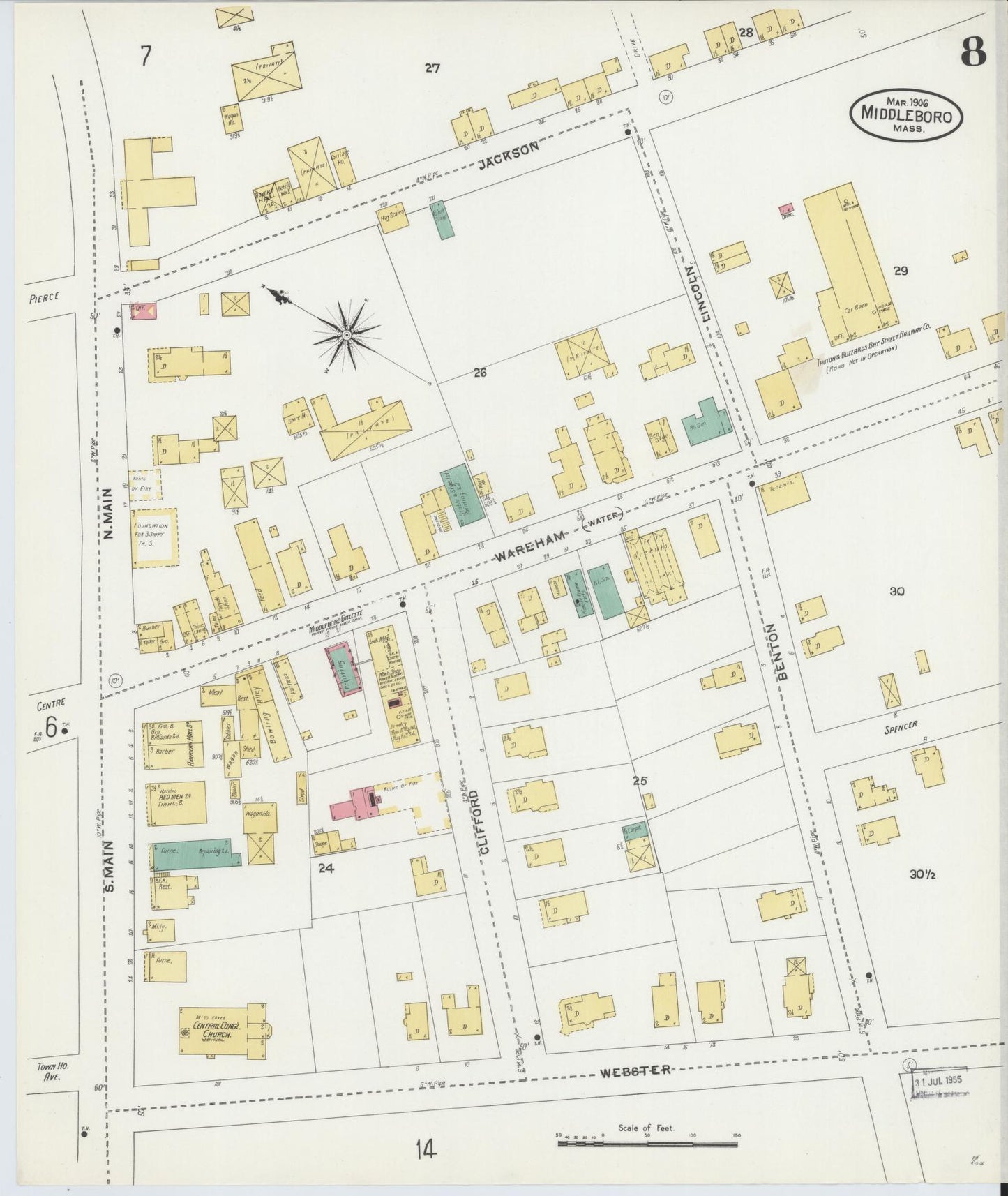 Sanborn Fire Insurance Map from Middleboro, Plymouth County, Massachusetts (1906), Sheet #0008 - Historic Sanborn Fire Insurance Map Print, vintage old map wall art, antique decor, genealogy gift, Massachusetts Massachusetts map