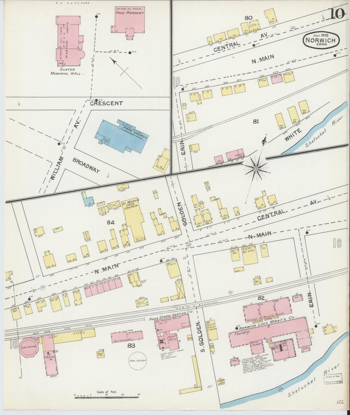 Sanborn Fire Insurance Map from Norwich, New London County, Connecticut (1892), Sheet #0010 - Historic Sanborn Fire Insurance Map Print, vintage old map wall art, antique decor, genealogy gift, Connecticut Connecticut map