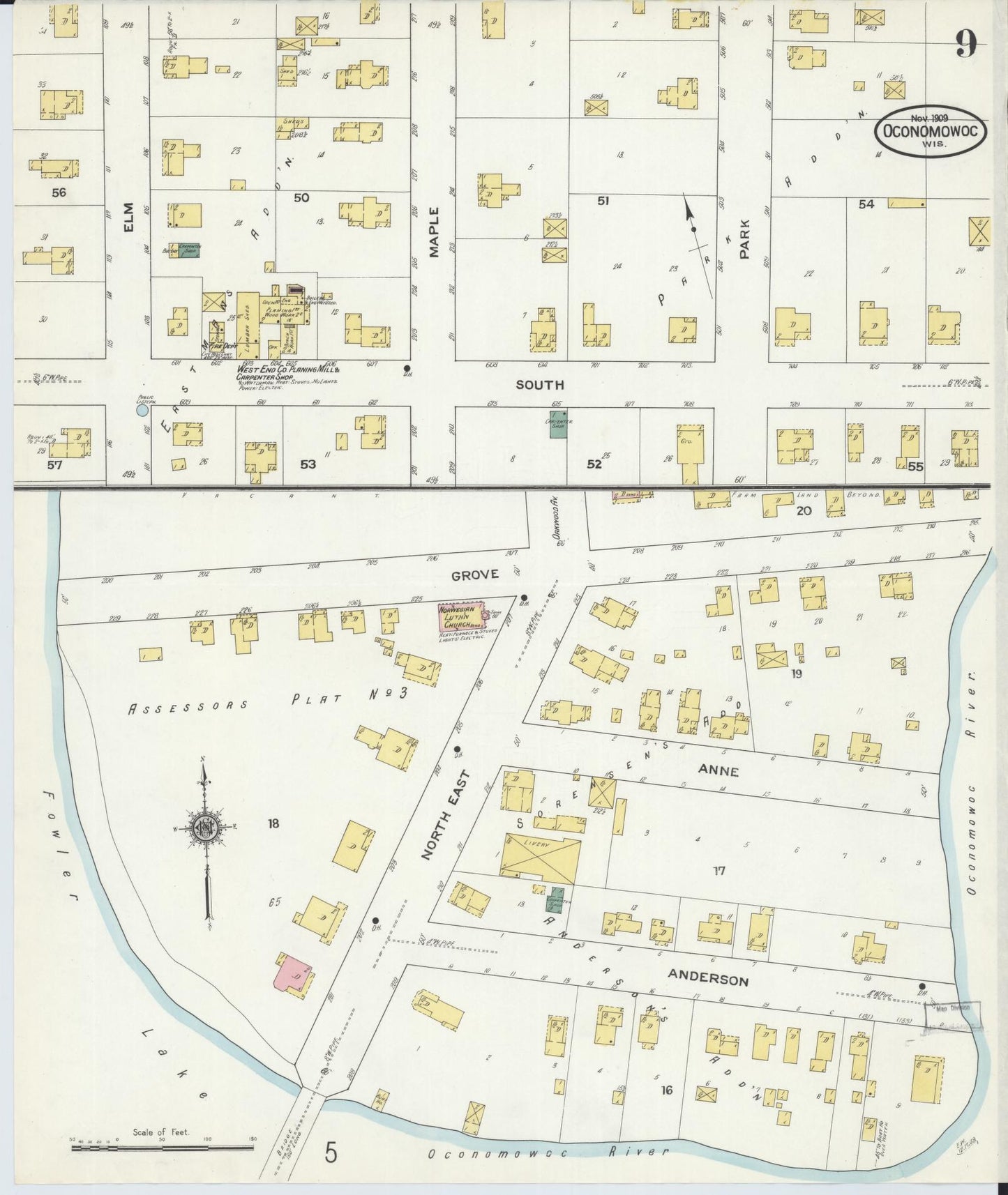 Sanborn Fire Insurance Map from Oconomowoc, Waukesha County, Wisconsin (1909), Sheet #0009 - Historic Sanborn Fire Insurance Map Print, vintage old map wall art, antique decor, genealogy gift, Wisconsin Wisconsin map