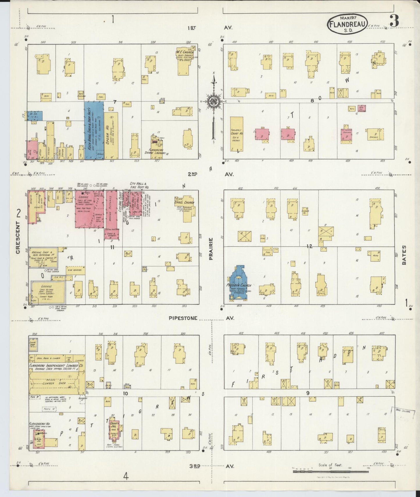 Sanborn Fire Insurance Map from Flandreau, Moody County, South Dakota (1917), Sheet #0003 - Historic Sanborn Fire Insurance Map Print, vintage old map wall art, antique decor, genealogy gift, South Dakota South Dakota map