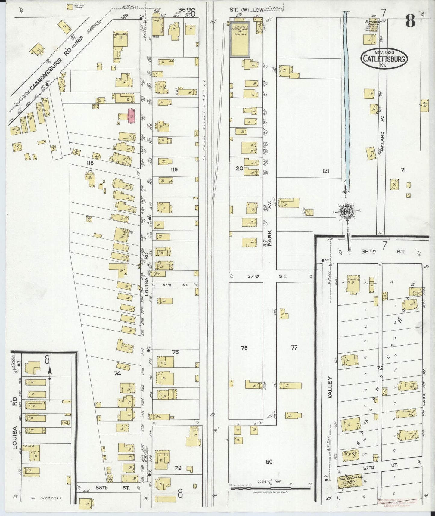 Sanborn Fire Insurance Map from Catlettsburg, Boyd County, Kentucky (1920), Sheet #0008 - Historic Sanborn Fire Insurance Map Print, vintage old map wall art, antique decor, genealogy gift, Kentucky Kentucky map