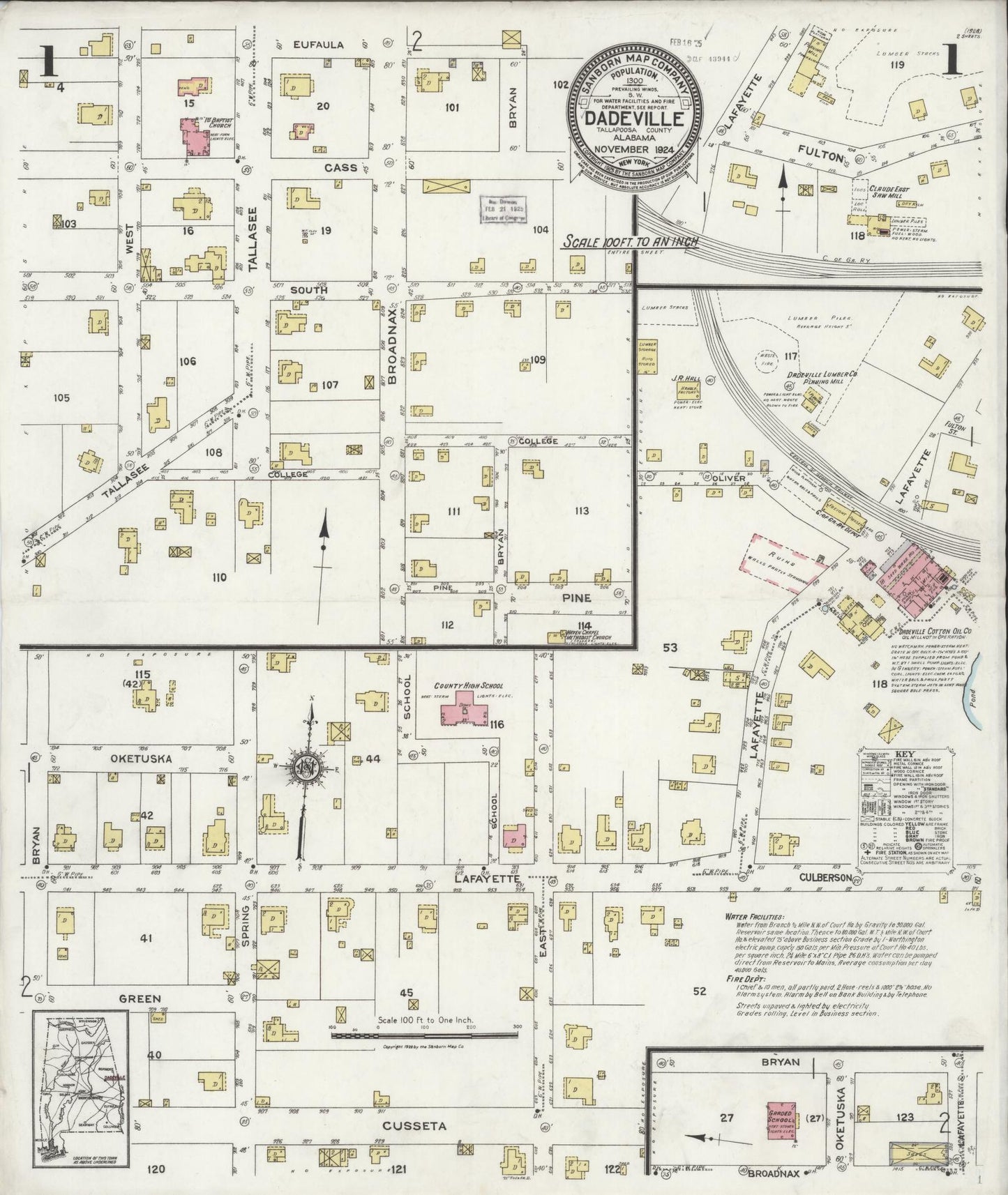 Sanborn Fire Insurance Map from Dadeville, Tallapoosa County, Alabama (1924), Sheet #0001 - Historic Sanborn Fire Insurance Map Print, vintage old map wall art, antique decor, genealogy gift, Alabama Alabama map