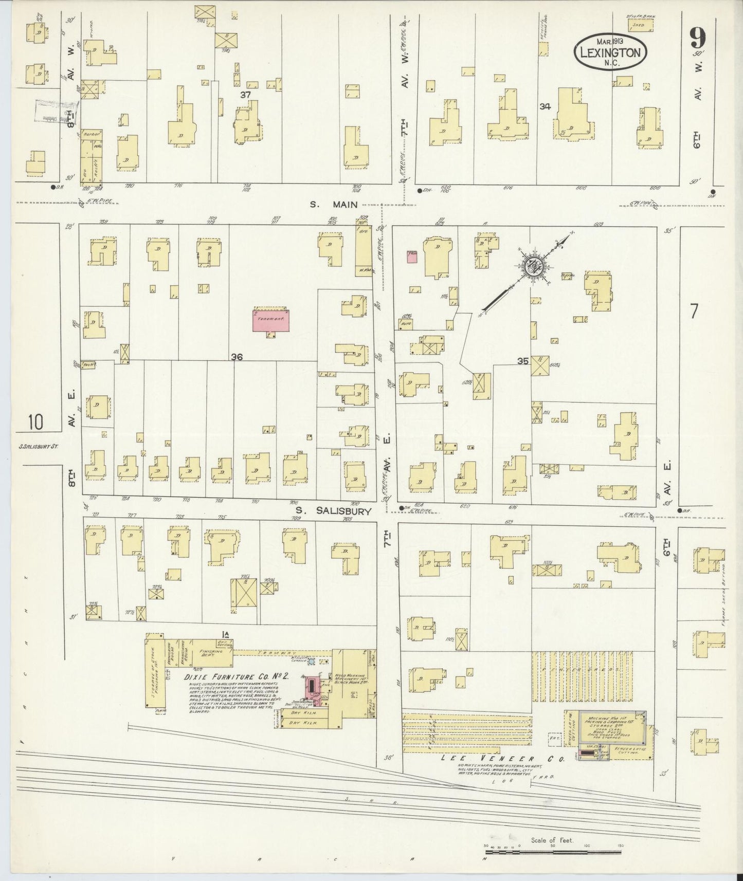 Sanborn Fire Insurance Map from Lexington, Davidson County, North Carolina (1913), Sheet #0009 - Historic Sanborn Fire Insurance Map Print, vintage old map wall art, antique decor, genealogy gift, North Carolina North Carolina map