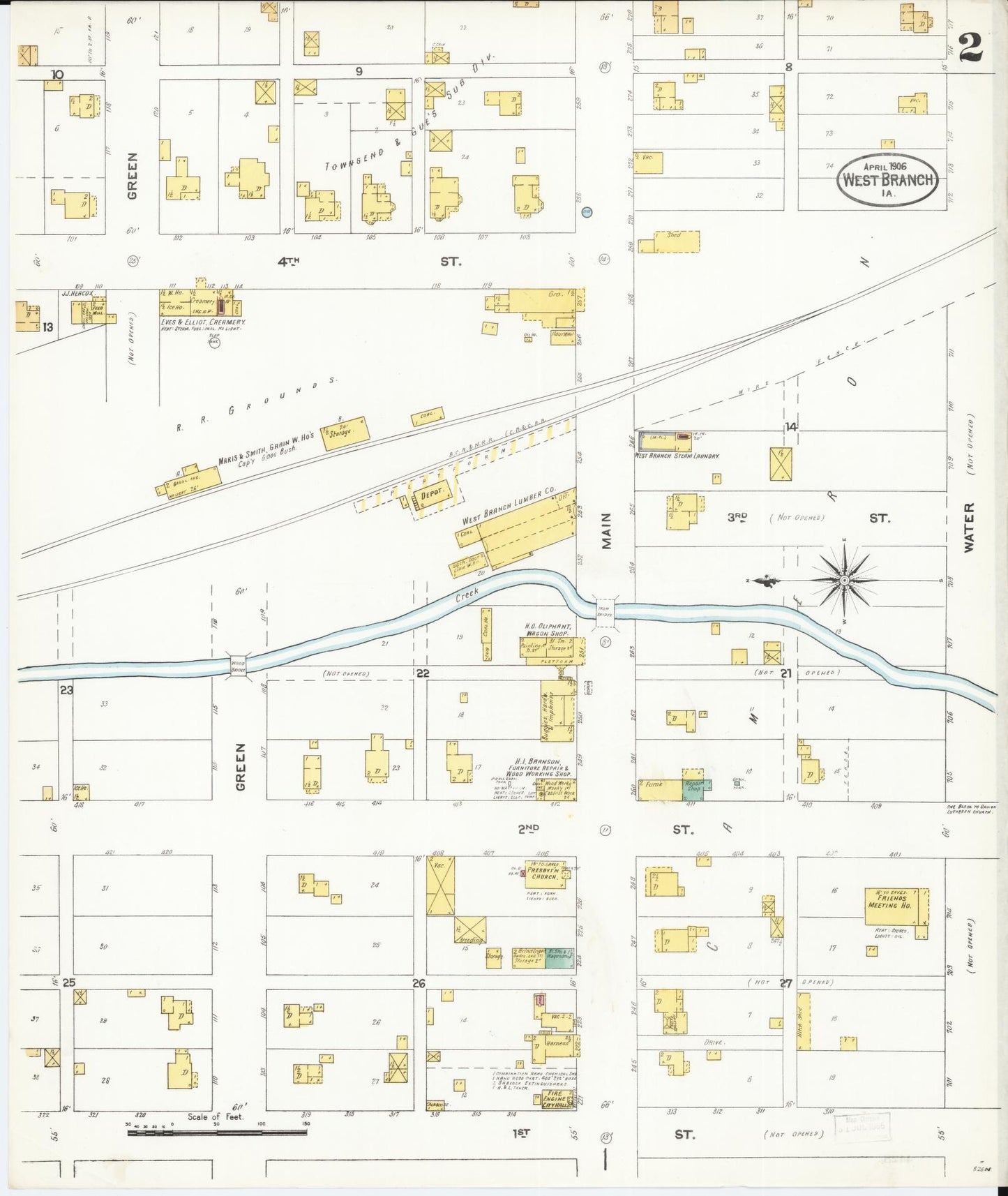 Sanborn Fire Insurance Map from West Branch, Cedar County, Iowa (1906), Sheet #0002 - Historic Sanborn Fire Insurance Map Print