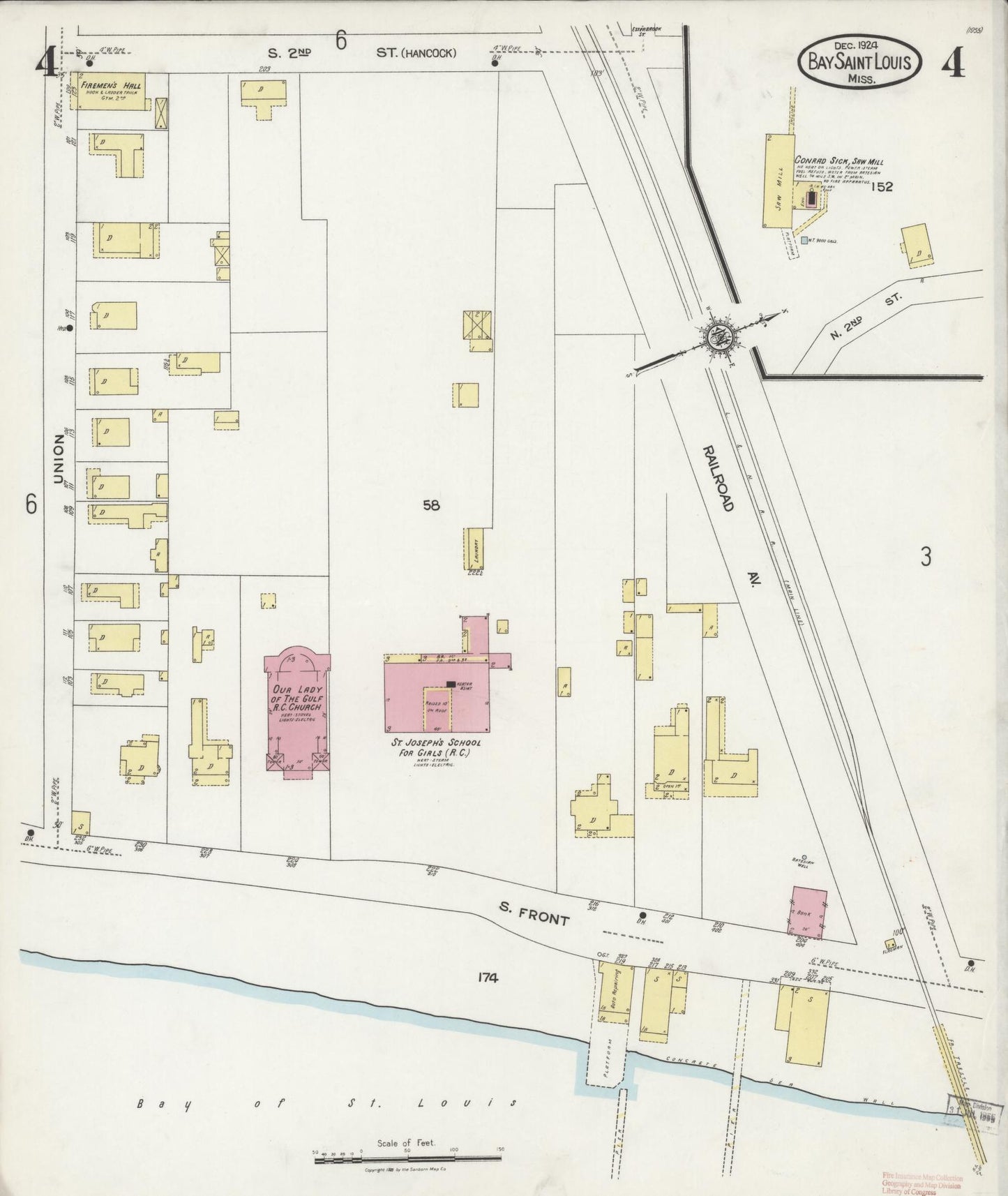 Sanborn Fire Insurance Map from Bay Saint Louis, Hancock County, Mississippi (1924), Sheet #0004 - Historic Sanborn Fire Insurance Map Print, vintage old map wall art, antique decor, genealogy gift, Mississippi Mississippi map