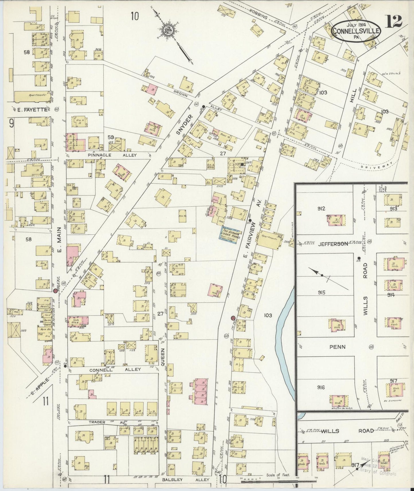 Sanborn Fire Insurance Map from Connellsville, Fayette County, Pennsylvania (1914), Sheet #0012 - Historic Sanborn Fire Insurance Map Print, vintage old map wall art, antique decor, genealogy gift, Pennsylvania Pennsylvania map