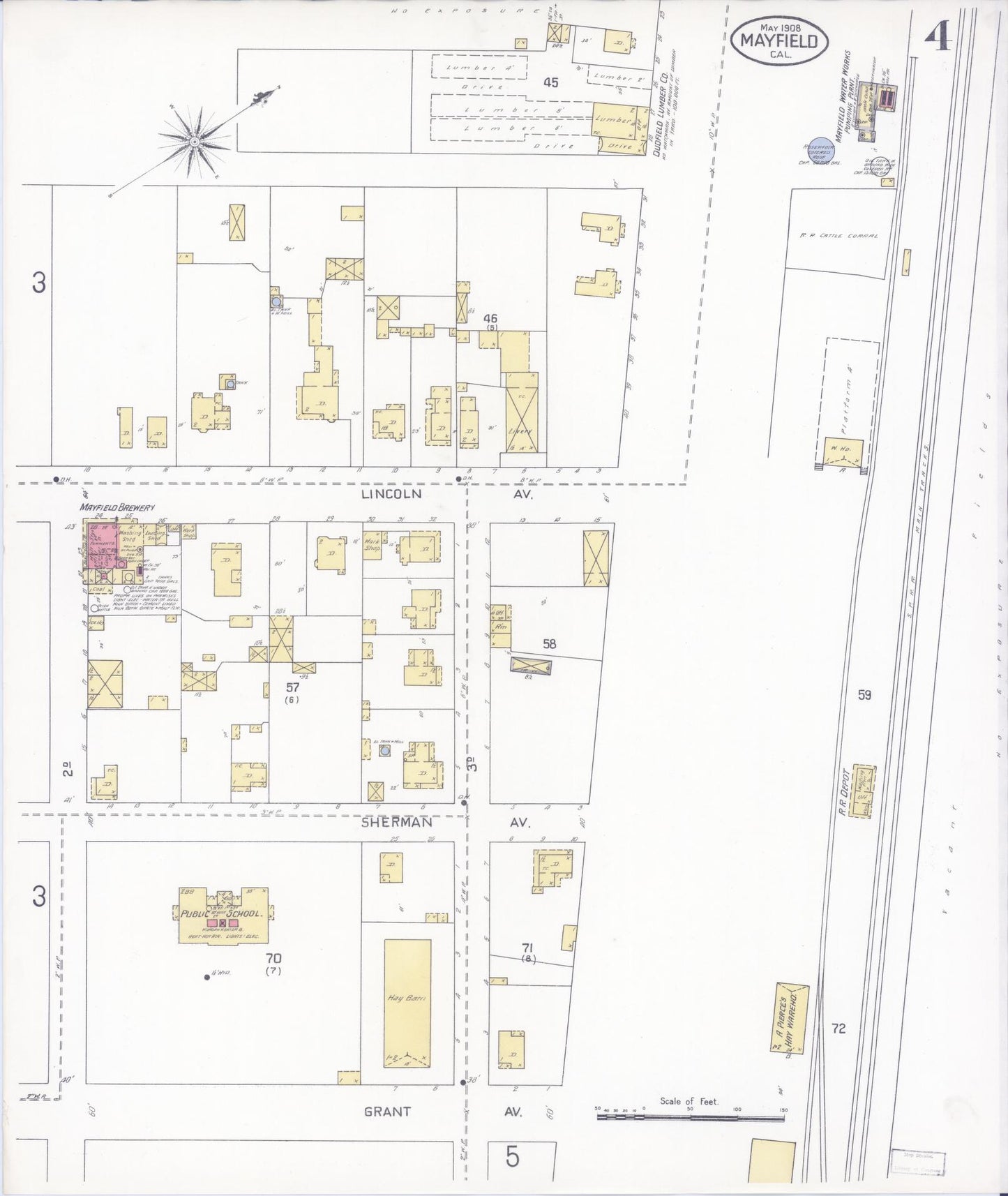 Sanborn Fire Insurance Map from Mayfield, Santa Clara County, California (1908), Sheet #0004 - Historic Sanborn Fire Insurance Map Print, vintage old map wall art, antique decor, genealogy gift, California California map