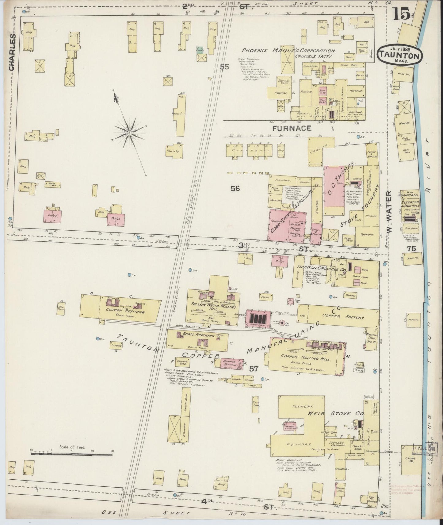 Sanborn Fire Insurance Map from Taunton, Bristol County, Massachusetts (1888), Sheet #0015 - Historic Sanborn Fire Insurance Map Print, vintage old map wall art, antique decor, genealogy gift, Massachusetts Massachusetts map