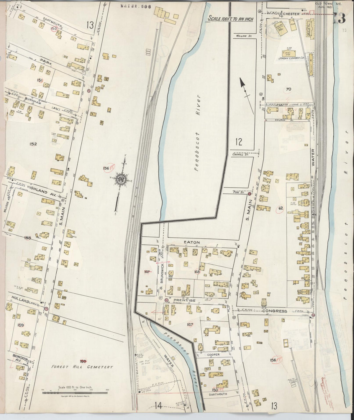 Sanborn Fire Insurance Map from Old Town, Penobscot County, Maine (1948), Sheet #0013 - Historic Sanborn Fire Insurance Map Print, vintage old map wall art, antique decor, genealogy gift, Maine Maine map
