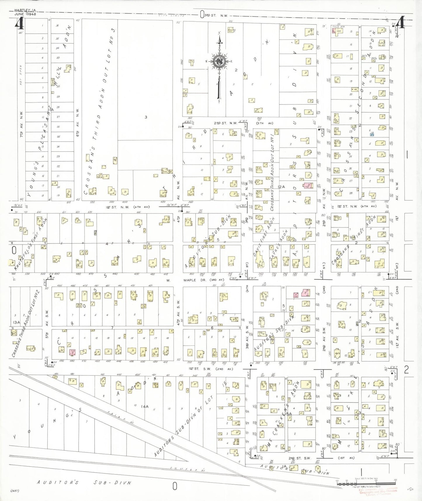Sanborn Fire Insurance Map from Hartley, O'Brien County, Iowa (1948), Sheet #0004 - Historic Sanborn Fire Insurance Map Print, vintage old map wall art