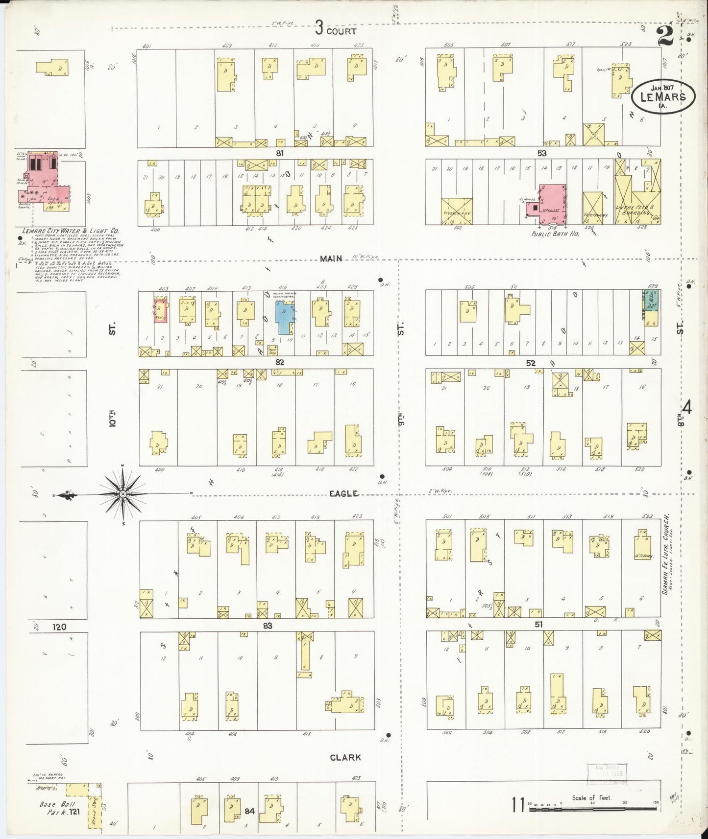 Sanborn Fire Insurance Map from Le Mars, Plymouth County, Iowa (1907), Sheet #0002 - Historic Sanborn Fire Insurance Map Print, vintage old map wall art