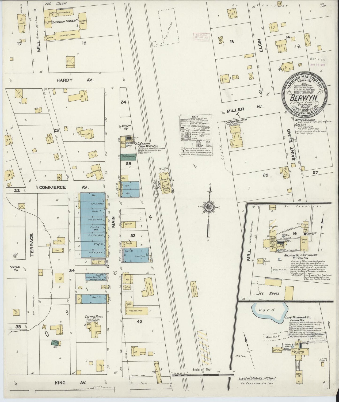 Sanborn Fire Insurance Map from Berwyn, Carter County, Oklahoma (1909), Sheet #0001 - Historic Sanborn Fire Insurance Map Print, vintage old map wall art, antique decor, genealogy gift, Oklahoma Oklahoma map