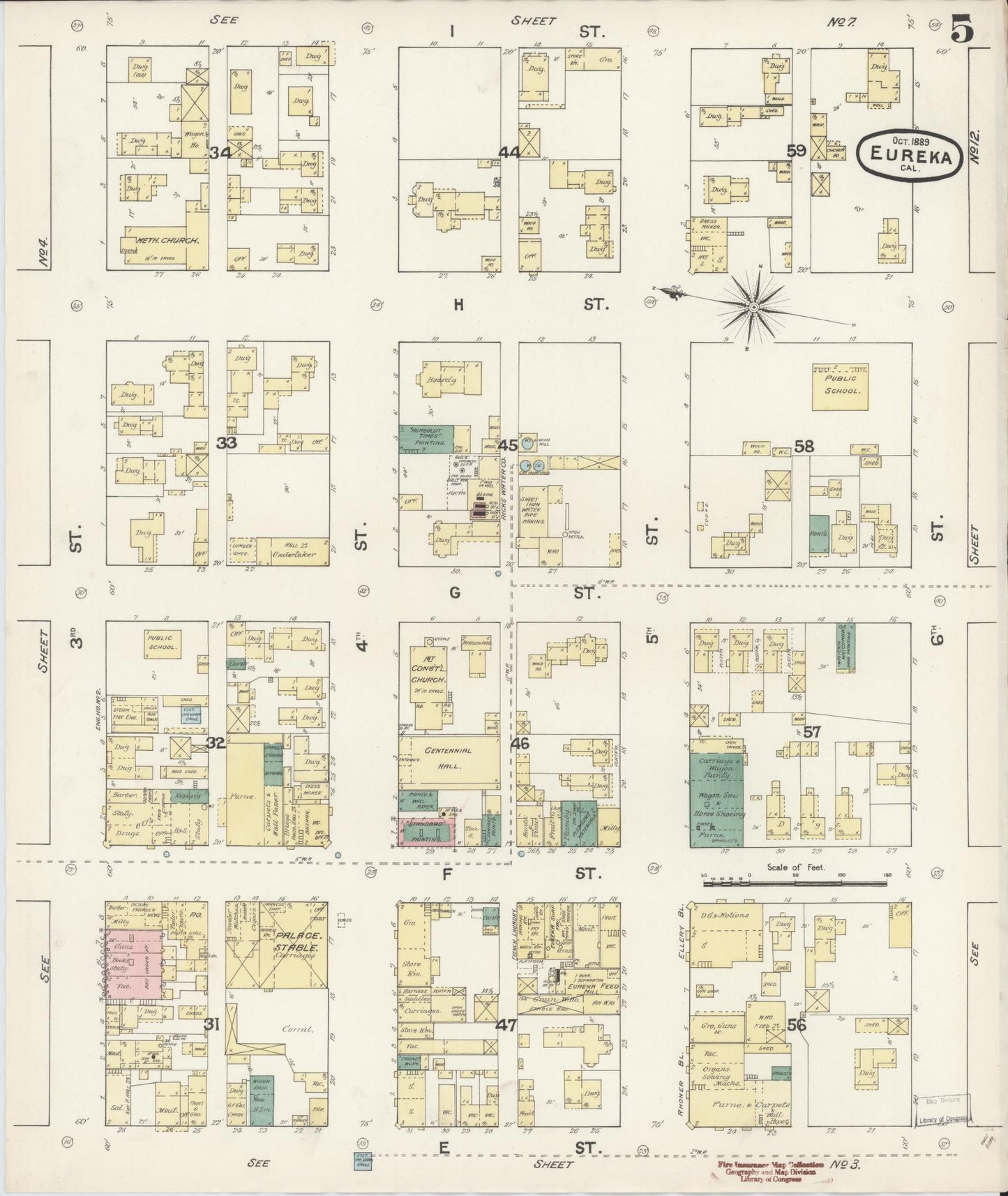Sanborn Fire Insurance Map from Eureka, Humboldt County, California (1889), Sheet #0005 - Historic Sanborn Fire Insurance Map Print, vintage old map wall art, antique decor, genealogy gift, California California map
