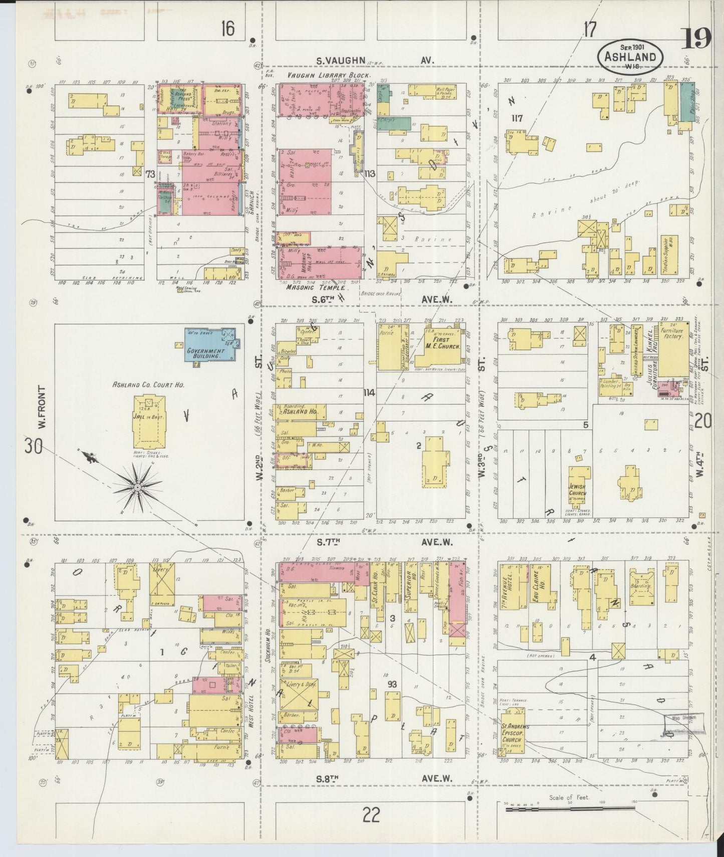 Sanborn Fire Insurance Map from Ashland, Ashland County, Wisconsin (1901), Sheet #0019 - Historic Sanborn Fire Insurance Map Print, vintage old map wall art, antique decor, genealogy gift, Wisconsin Wisconsin map