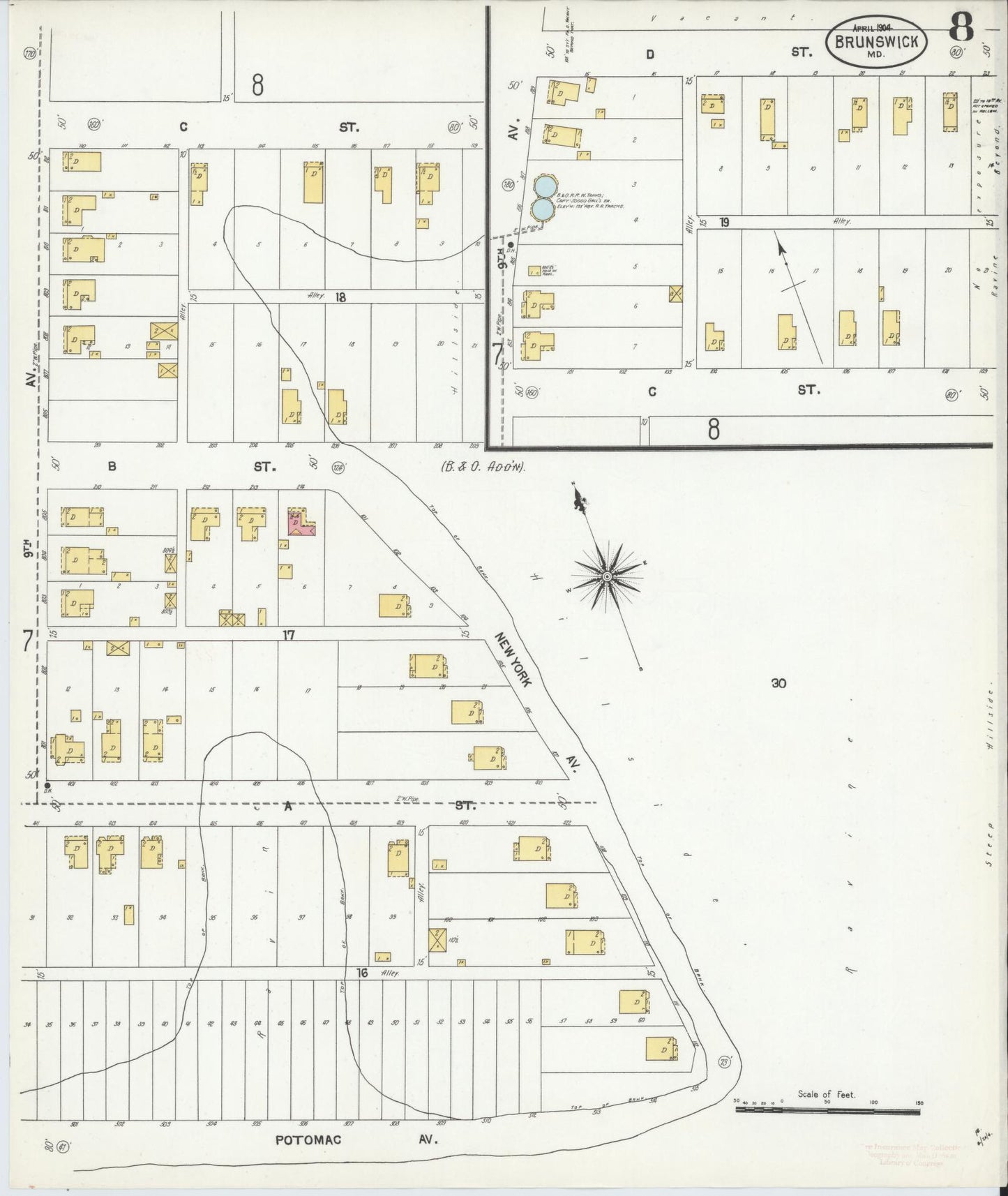 Sanborn Fire Insurance Map from Brunswick, Frederick County, Maryland (1904), Sheet #0008 - Historic Sanborn Fire Insurance Map Print, vintage old map wall art, antique decor, genealogy gift, Maryland Maryland map