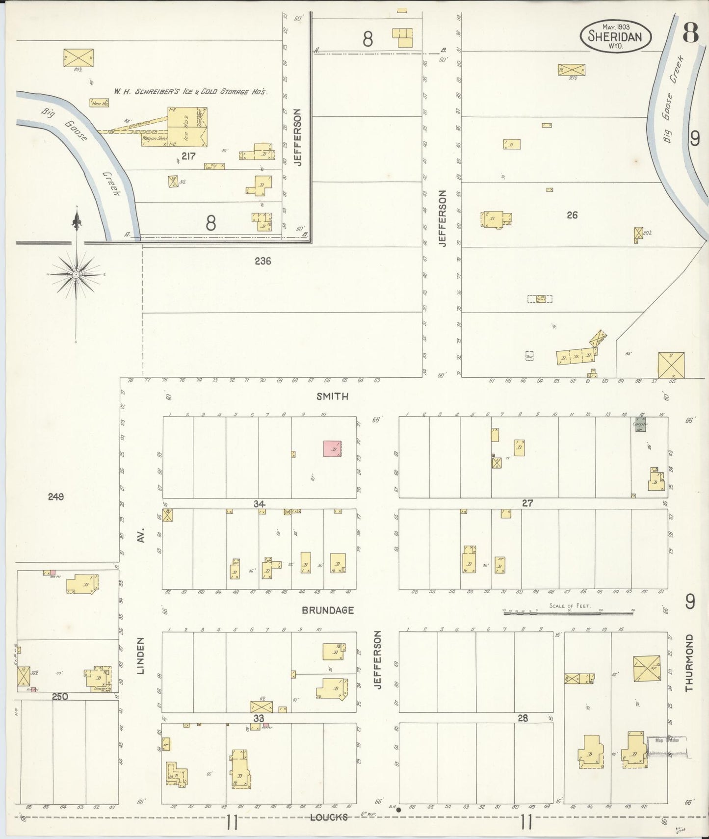 Sanborn Fire Insurance Map from Sheridan, Sheridan County, Wyoming (1903), Sheet #0008 - Historic Sanborn Fire Insurance Map Print, vintage old map wall art, antique decor, genealogy gift, Wyoming Wyoming map