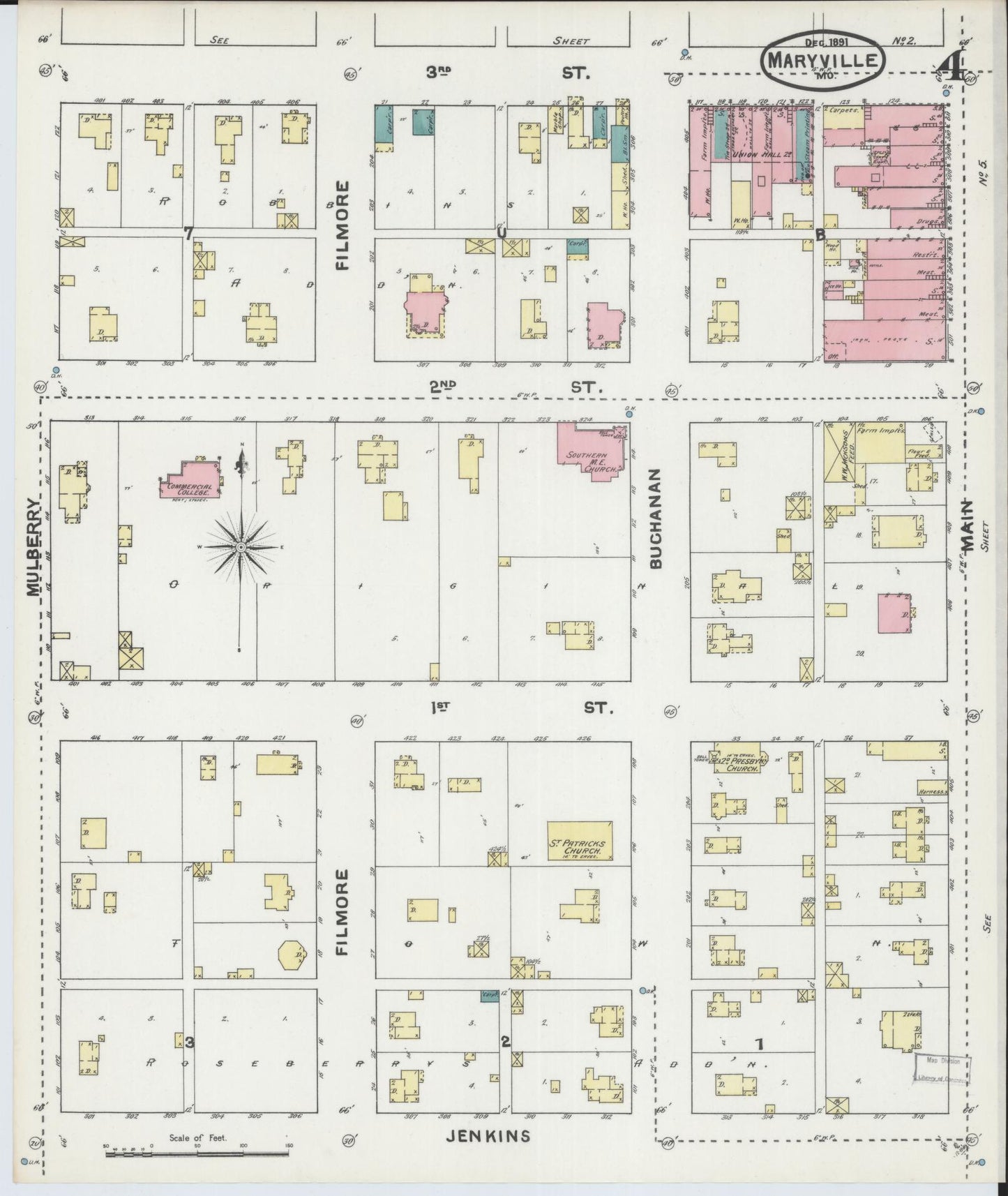 Sanborn Fire Insurance Map from Maryville, Nodaway County, Missouri (1891), Sheet #0004 - Historic Sanborn Fire Insurance Map Print, vintage old map wall art, antique decor, genealogy gift, Missouri Missouri map