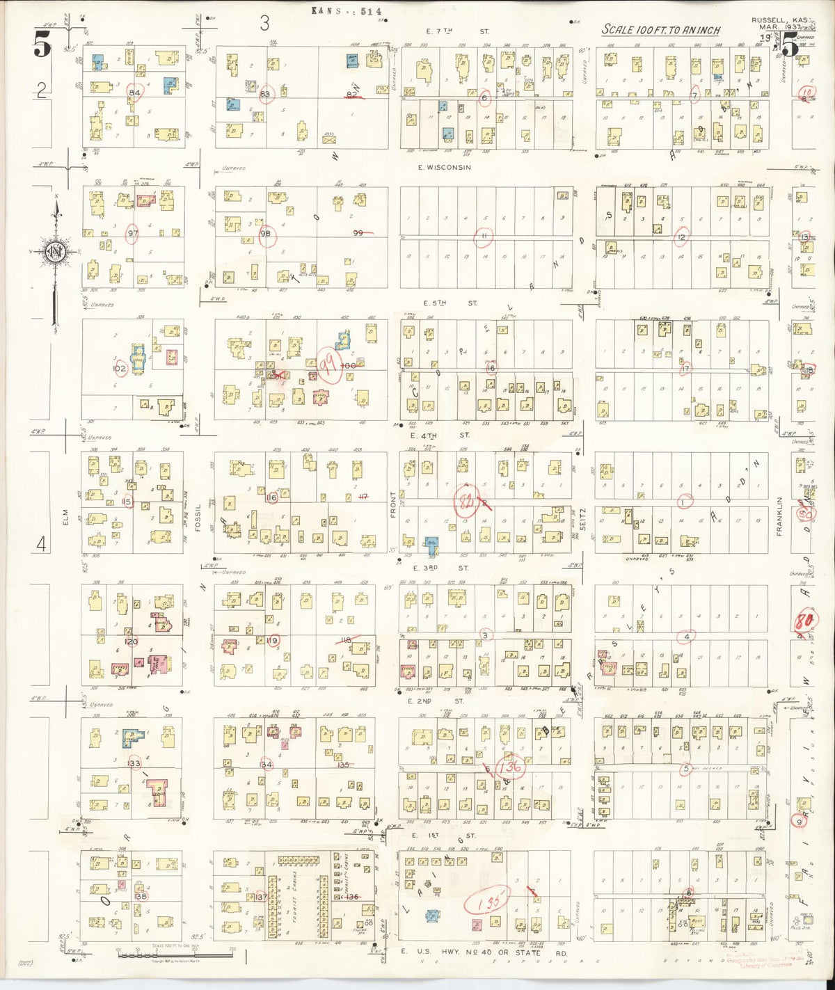 Sanborn Fire Insurance Map from Russell, Russell County, Kansas (1942), Sheet #0005 - Historic Sanborn Fire Insurance Map Print, vintage old map wall art, antique decor, genealogy gift, Kansas Kansas map